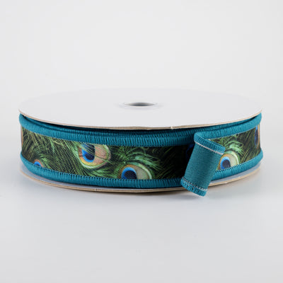 7/8" Double Sided Fused Peacock Feathers Ribbon (10 Yards)