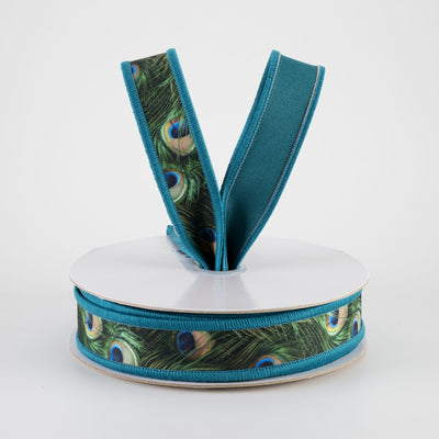 7/8" Double Sided Fused Peacock Feathers Ribbon (10 Yards)
