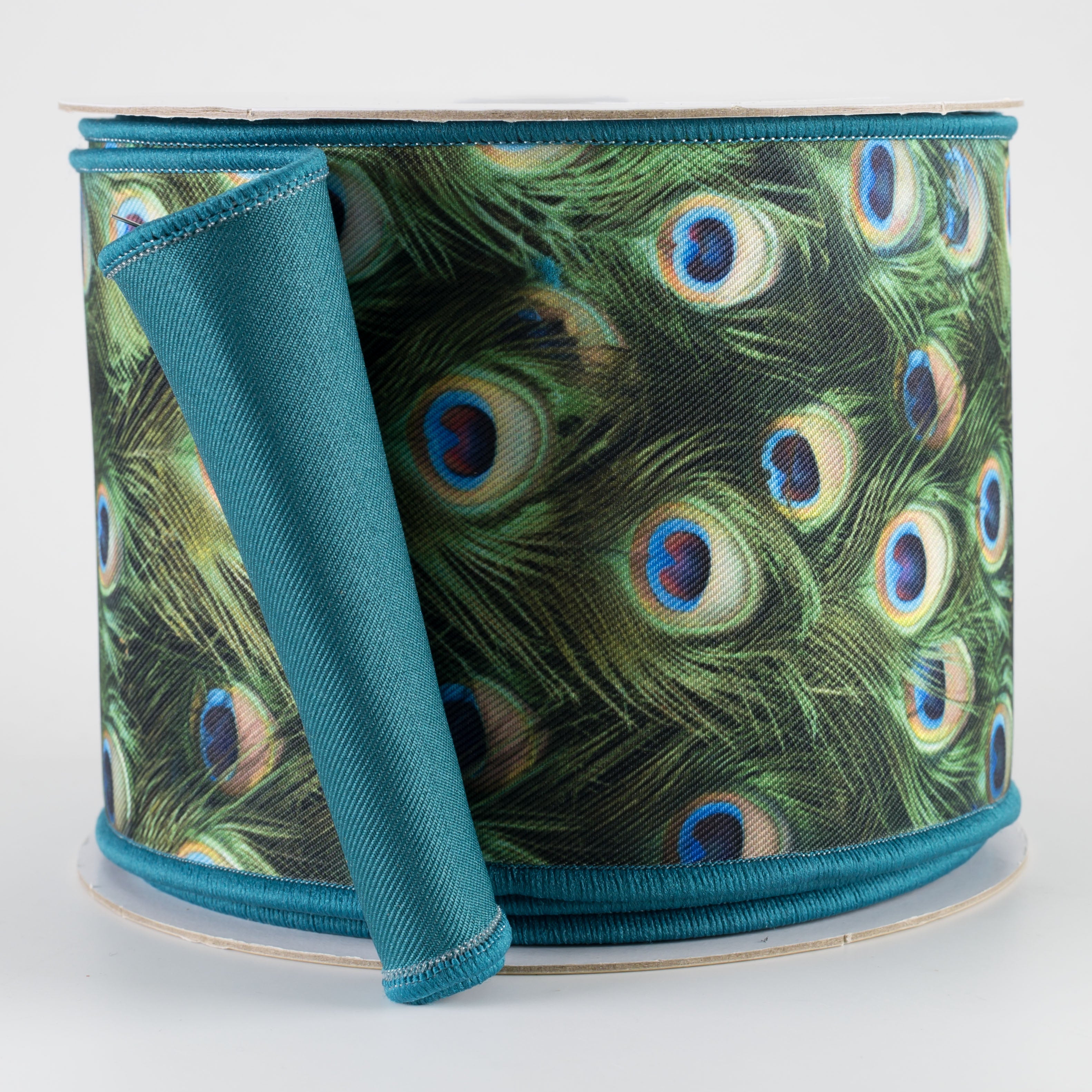 4" Double Sided Fused Peacock Feathers Ribbon (10 Yards)