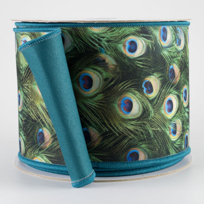 4" Double Sided Fused Peacock Feathers Ribbon (10 Yards)