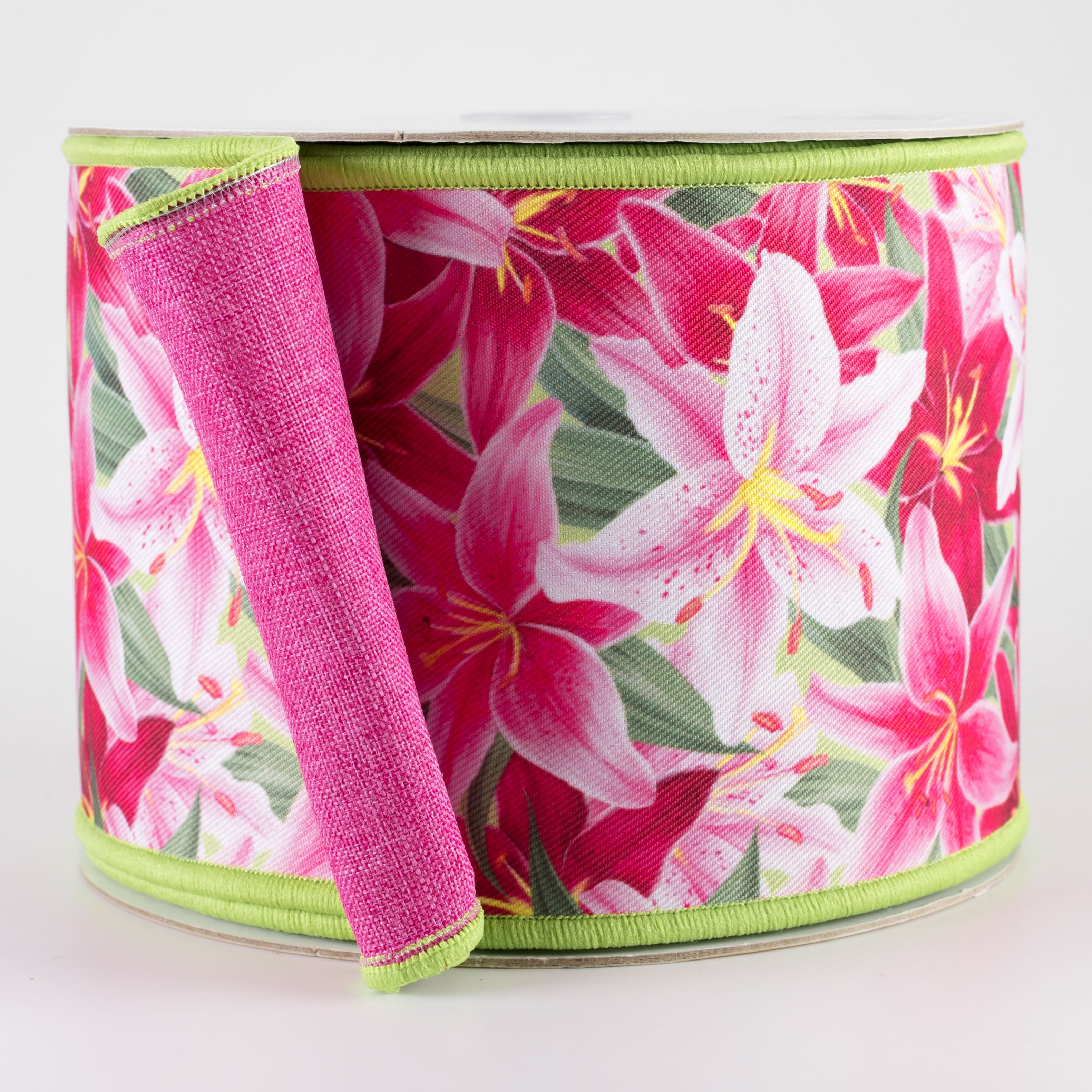 4" Double Sided Fused Pink Lilies Ribbon (10 Yards)