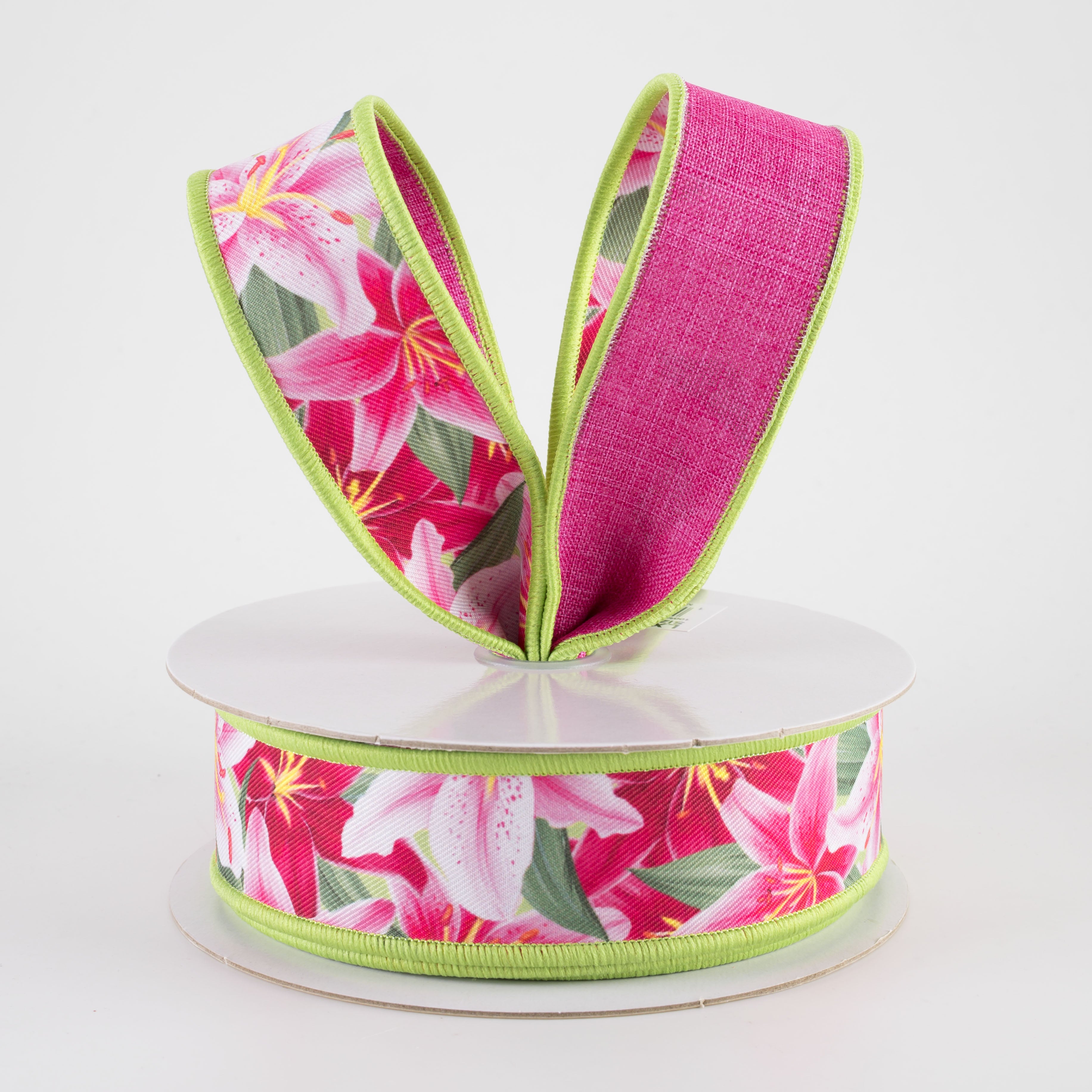 1.5" Double Sided Fused Pink Lilies Ribbon (10 Yards)