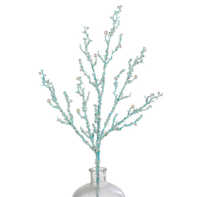 33" Pearls & Iridescent Glitter Twig Spray: Light Blue