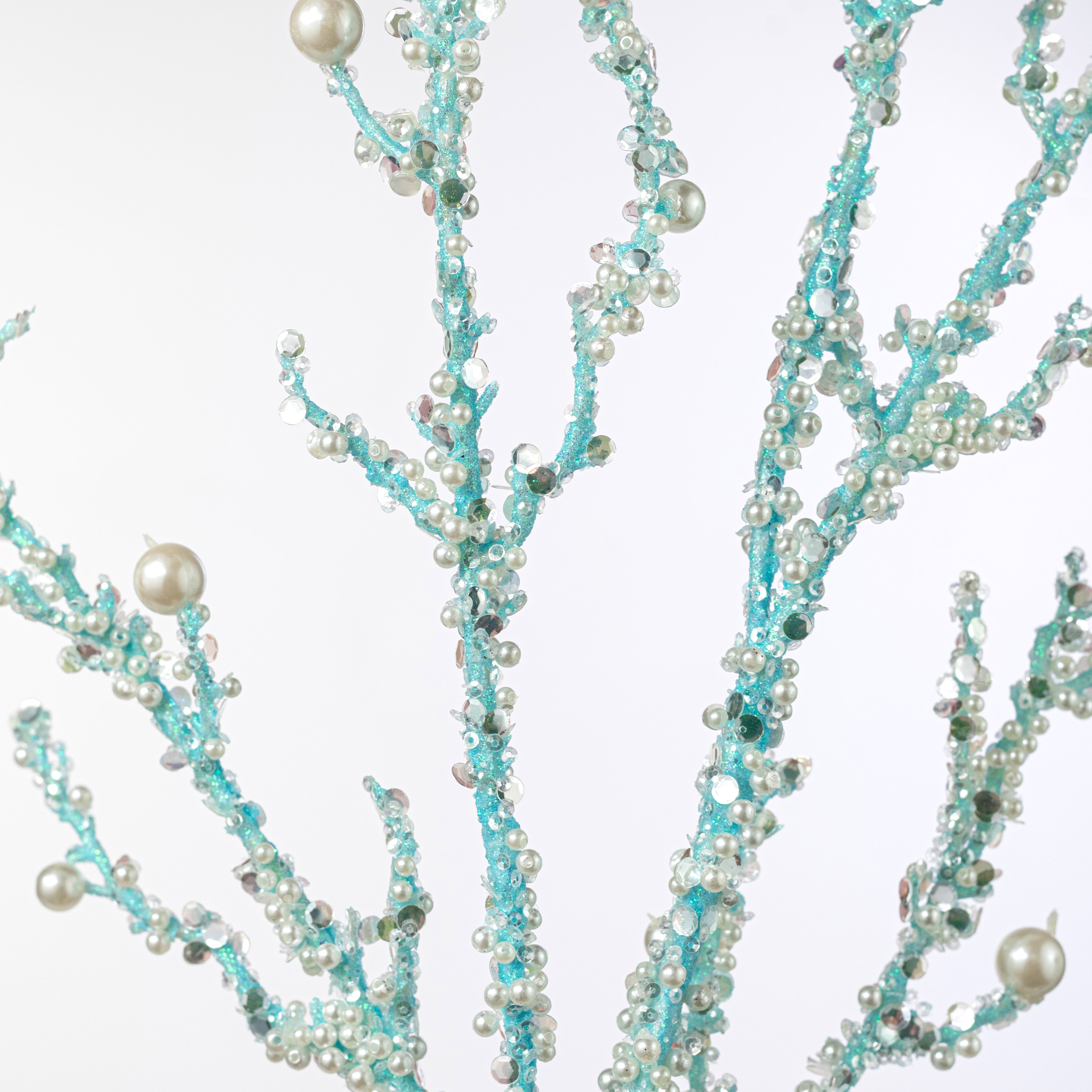 33" Pearls & Iridescent Glitter Twig Spray: Light Blue