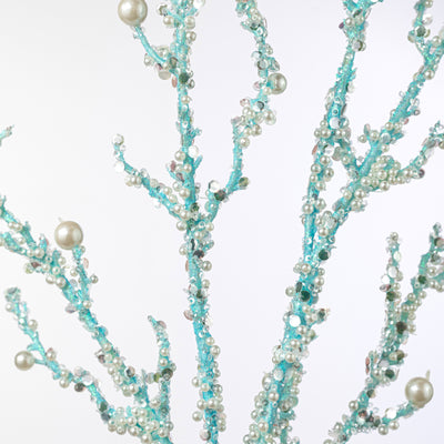 33" Pearls & Iridescent Glitter Twig Spray: Light Blue