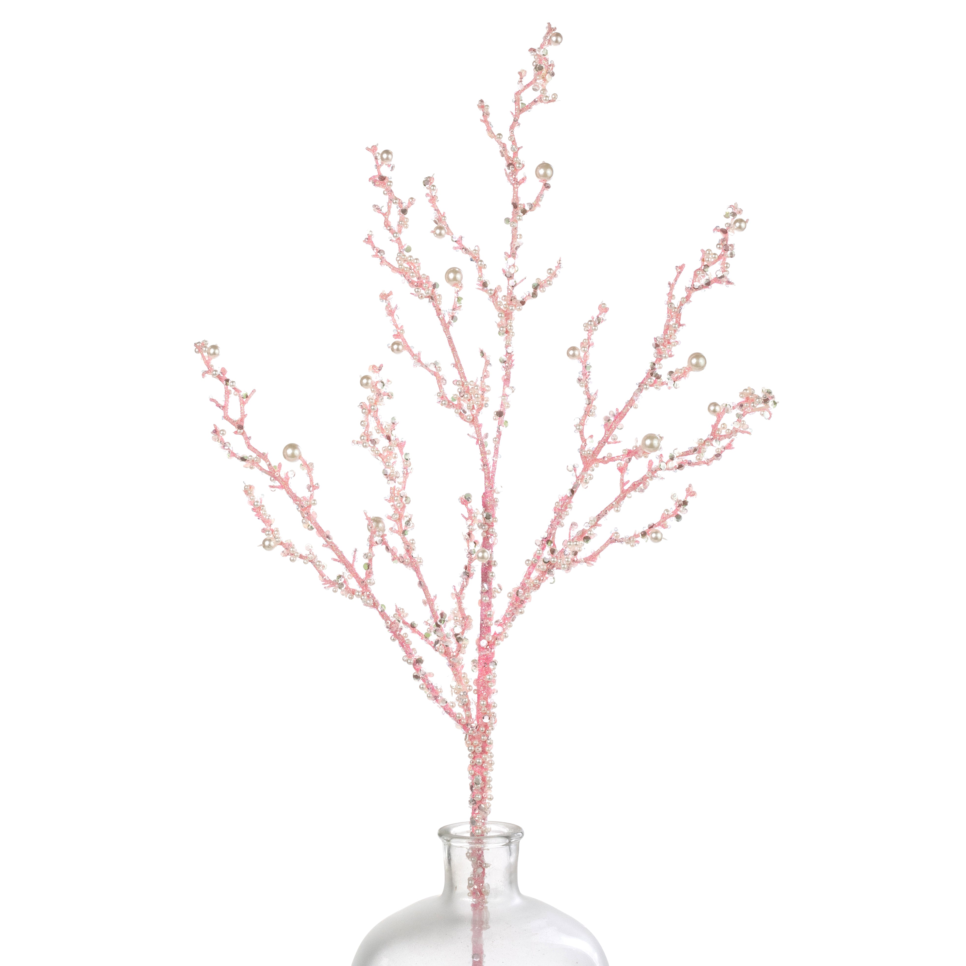 33" Pearls & Iridescent Glitter Twig Spray: Pink