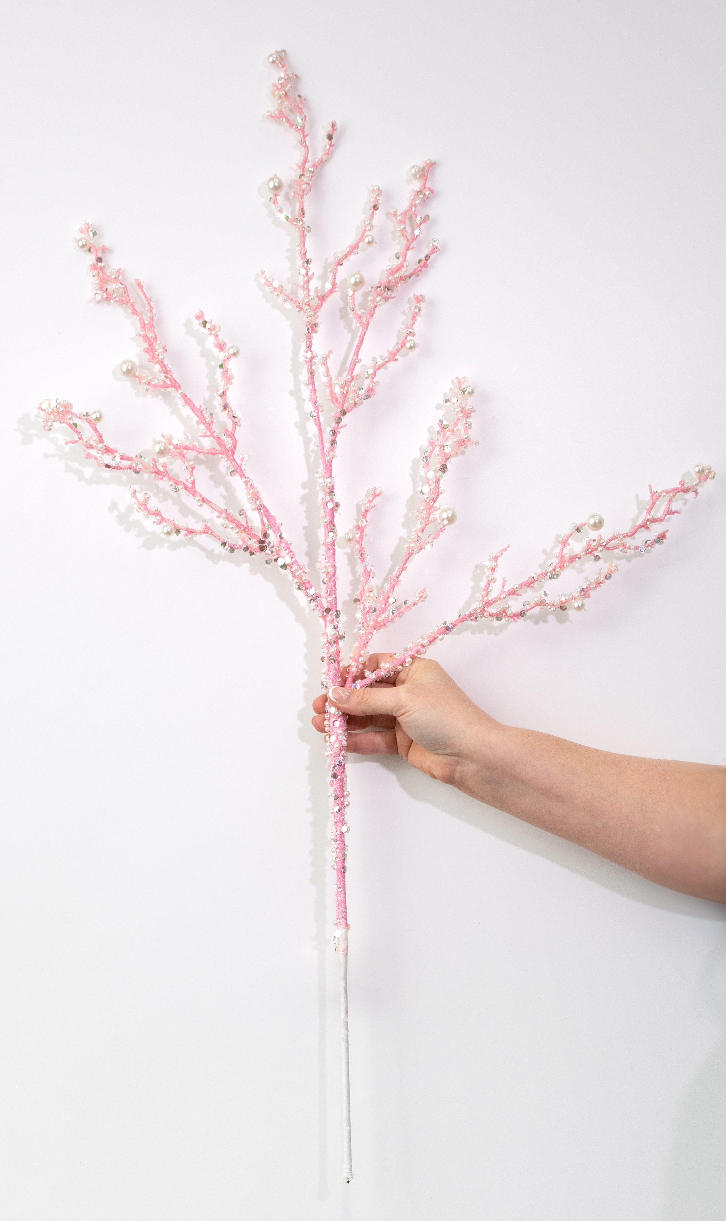 33" Pearls & Iridescent Glitter Twig Spray: Pink