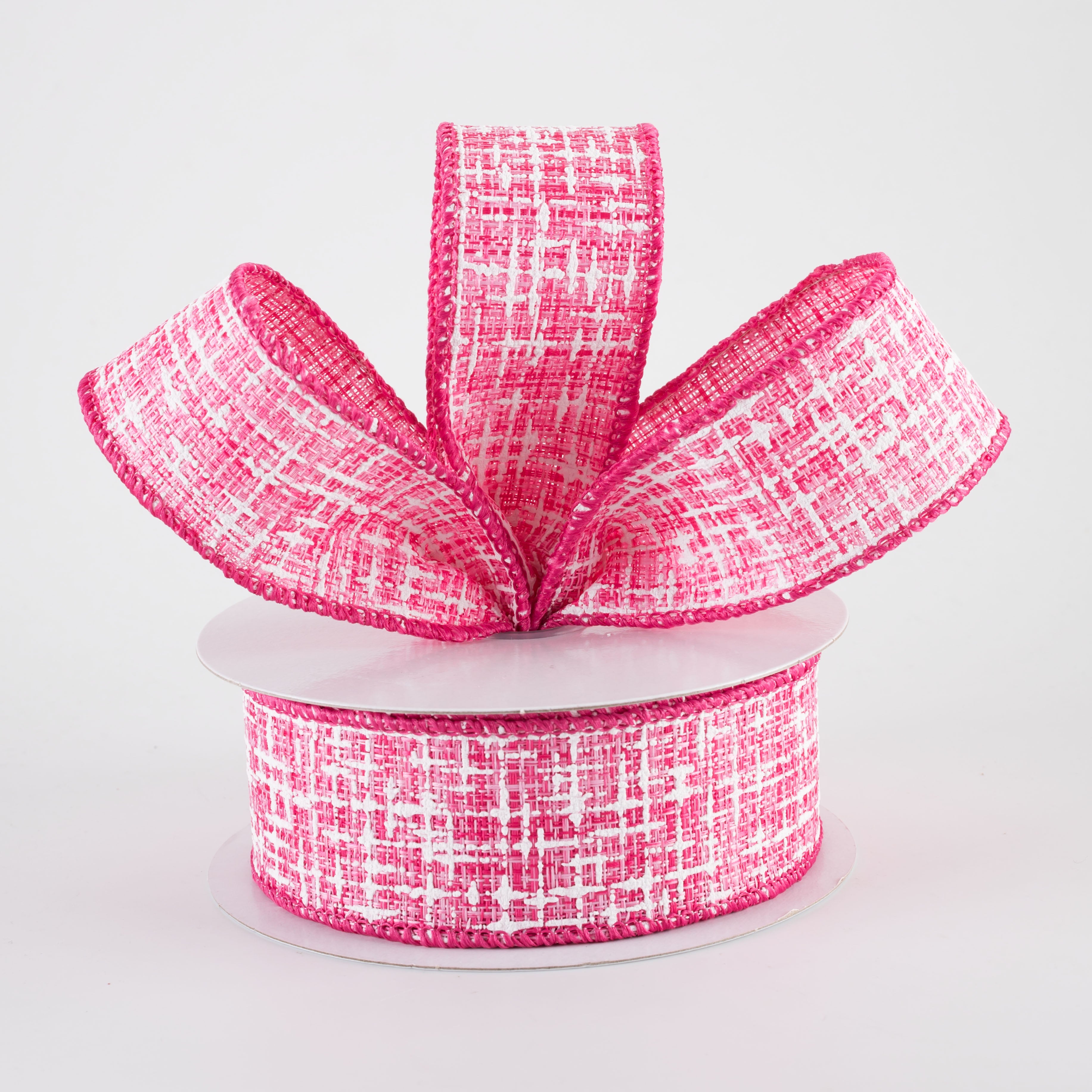 1.5" Embellished Tweed Ribbon: Fuchsia Pink & White (10 Yards)