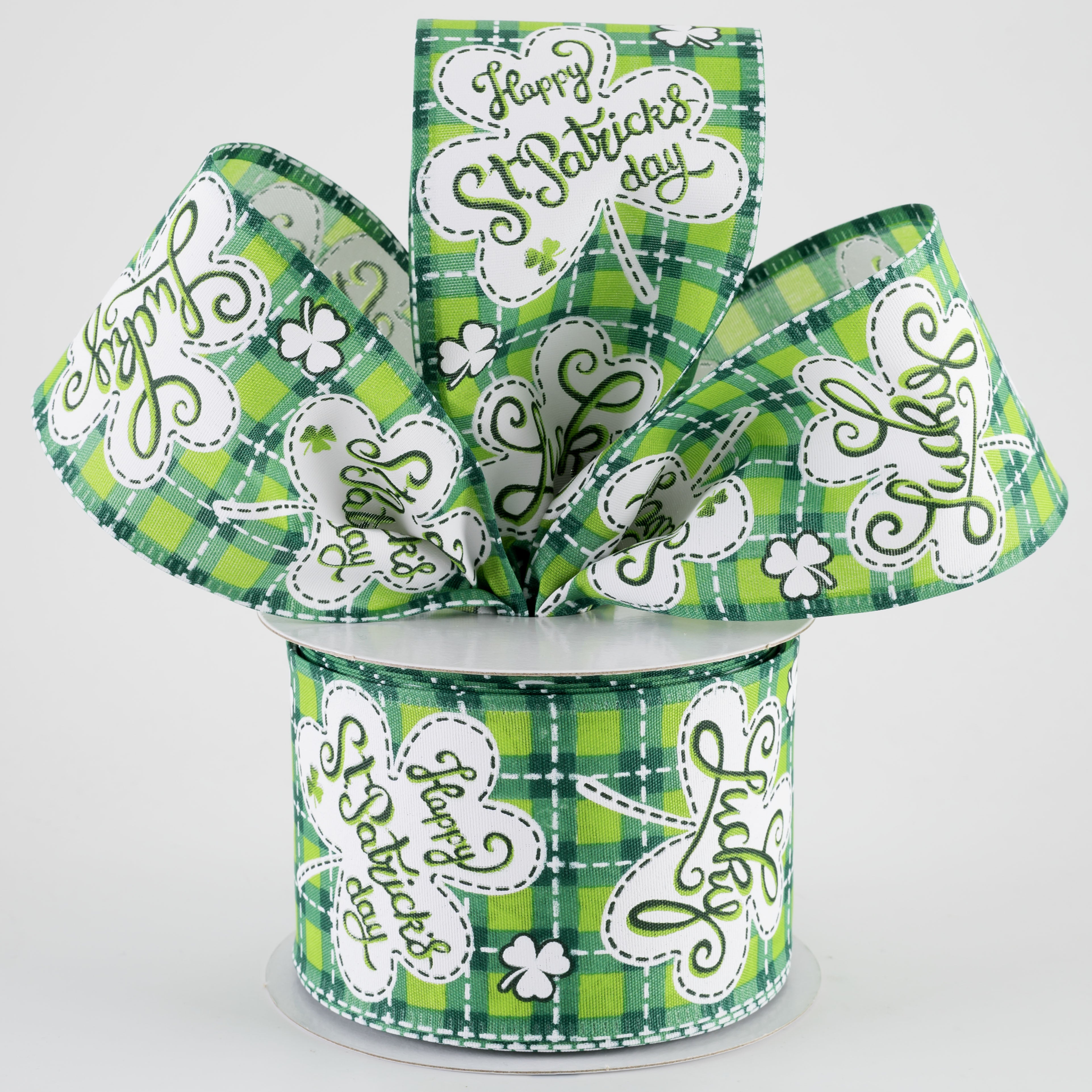 2.5" Lucky Shamrocks St Patrick's Day Plaid Ribbon: Green (10 Yards)