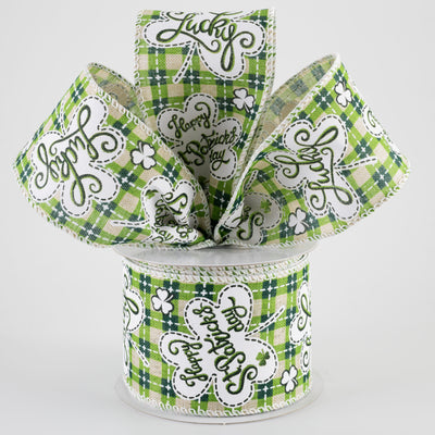 2.5" Lucky Shamrocks St Patrick's Day Plaid Ribbon: Natural (10 Yards)