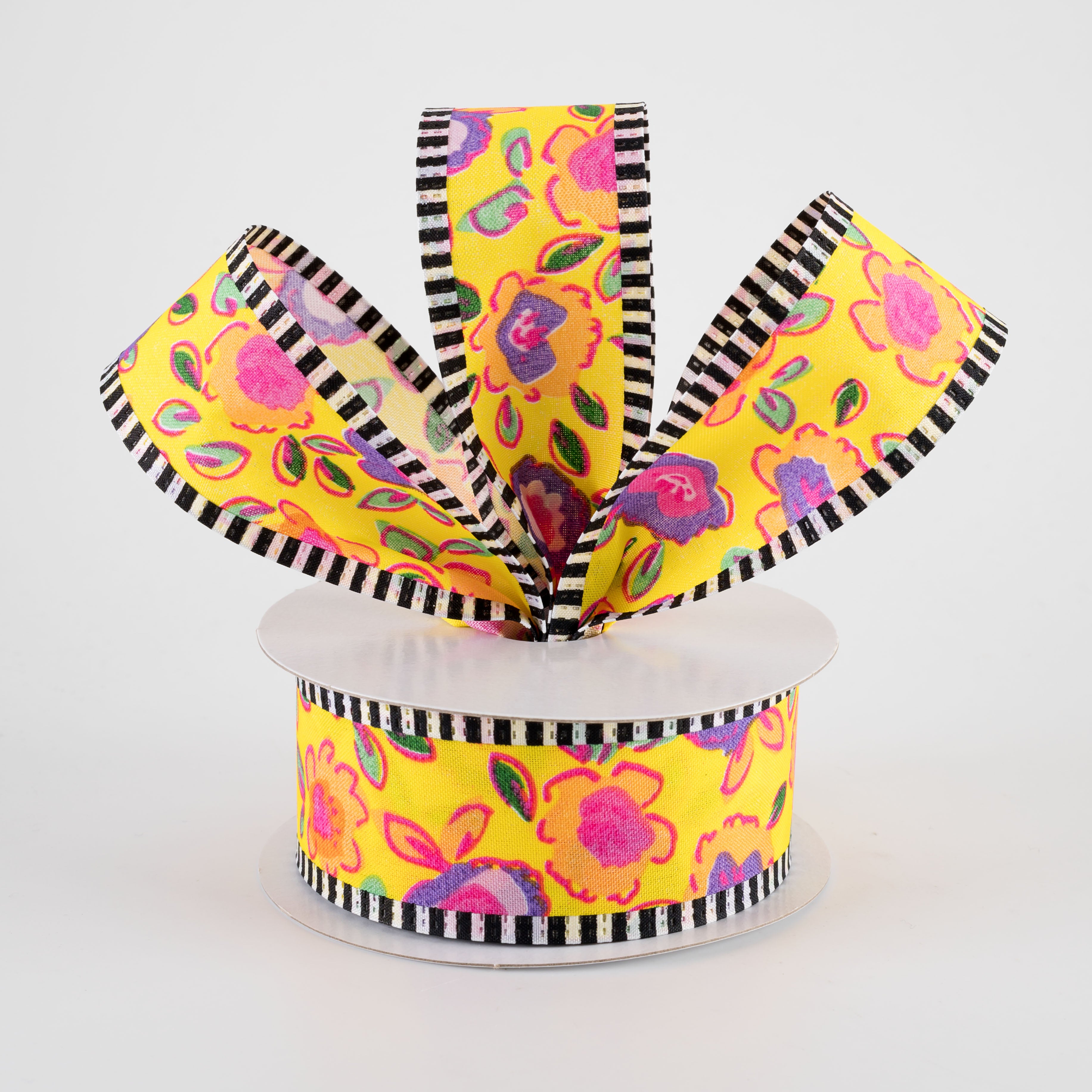 1.5" Funky Flowers Striped Edge Ribbon: Neon on Yellow (10 Yards)