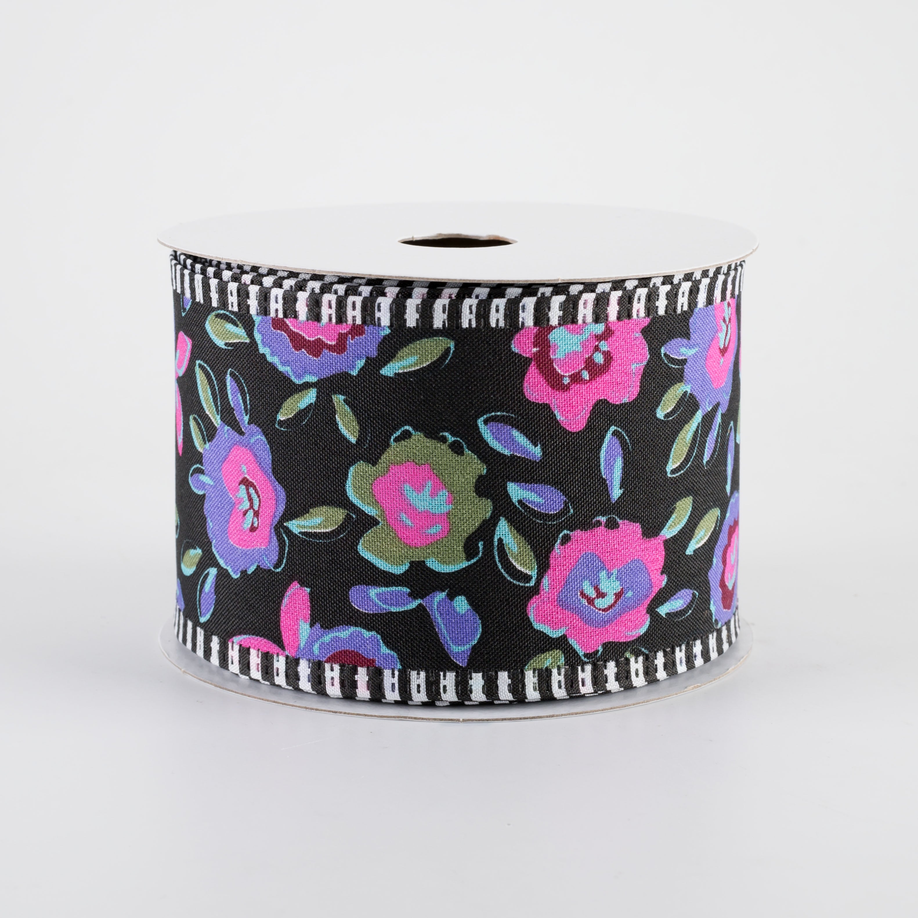 2.5" Funky Flowers Striped Edge Ribbon: Neon on Black (10 Yards)