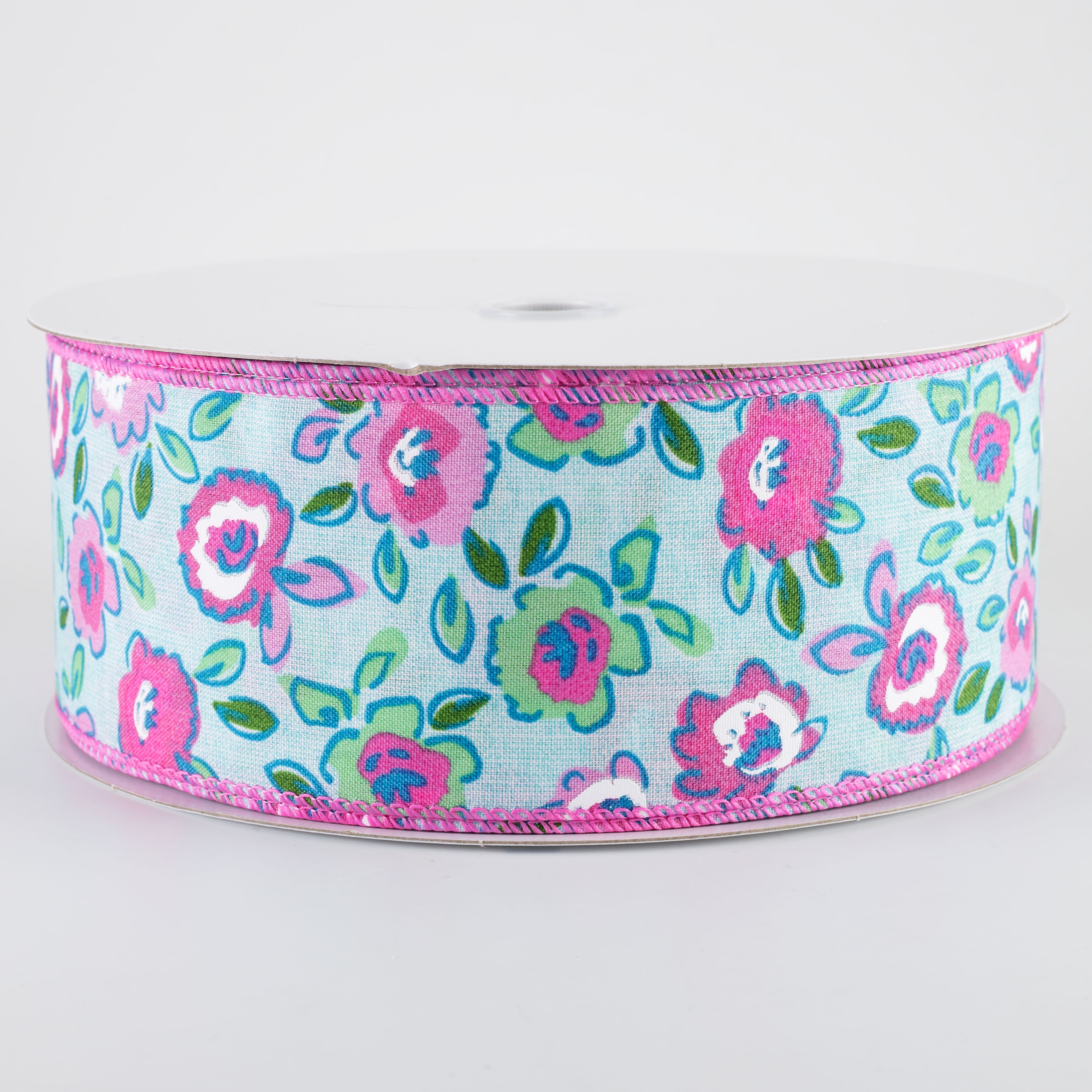2.5" Funky Flowers Ribbon: Fuchsia Pink on Aqua Blue (50 Yards)