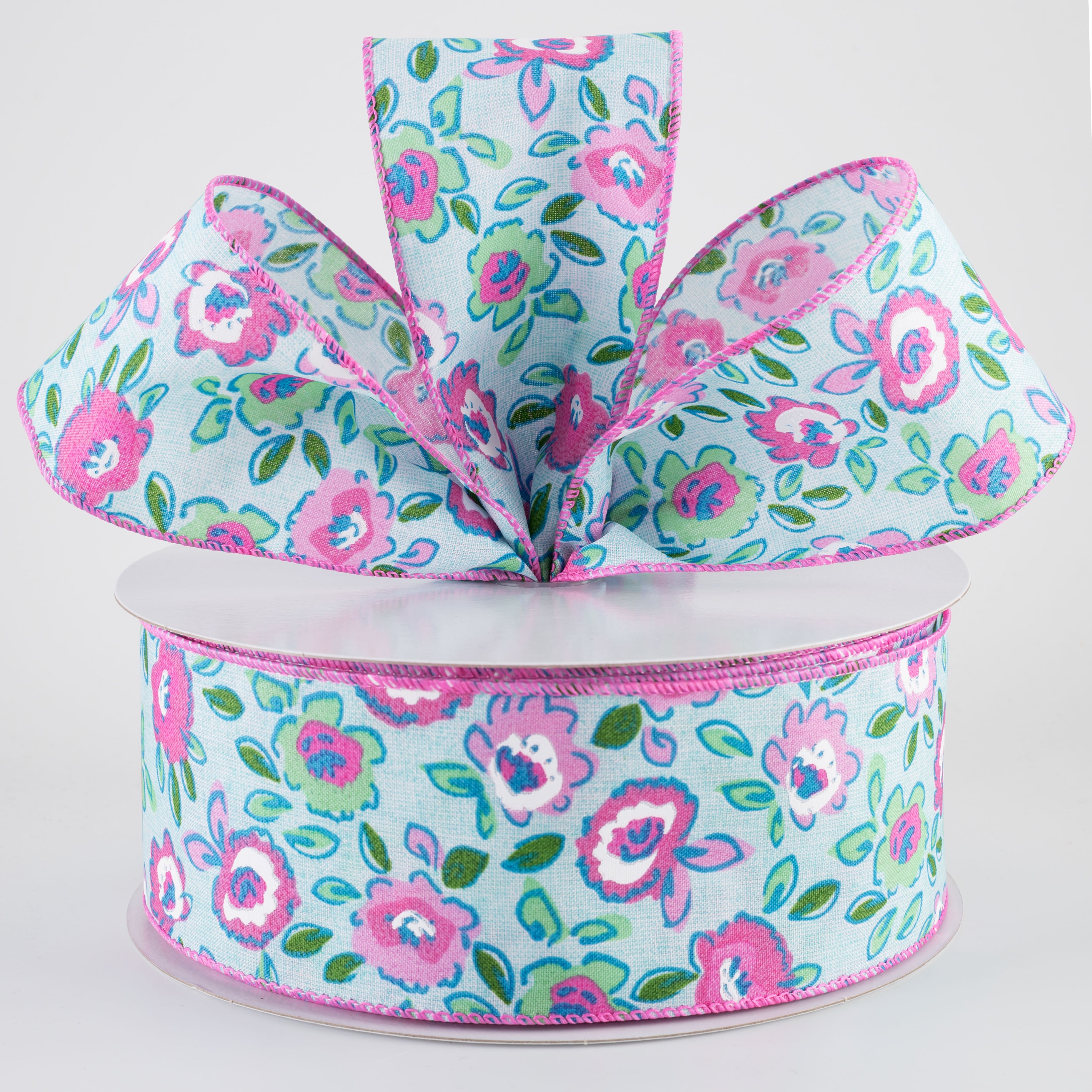 2.5" Funky Flowers Ribbon: Fuchsia Pink on Aqua Blue (50 Yards)