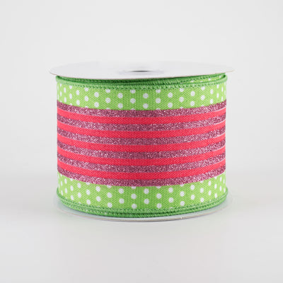 2.5" Vertical Stripe Dot Edge Ribbon: Lime Green, Watermelon & Pink (10 Yards)