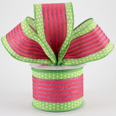 2.5" Vertical Stripe Dot Edge Ribbon: Lime Green, Watermelon & Pink (10 Yards)