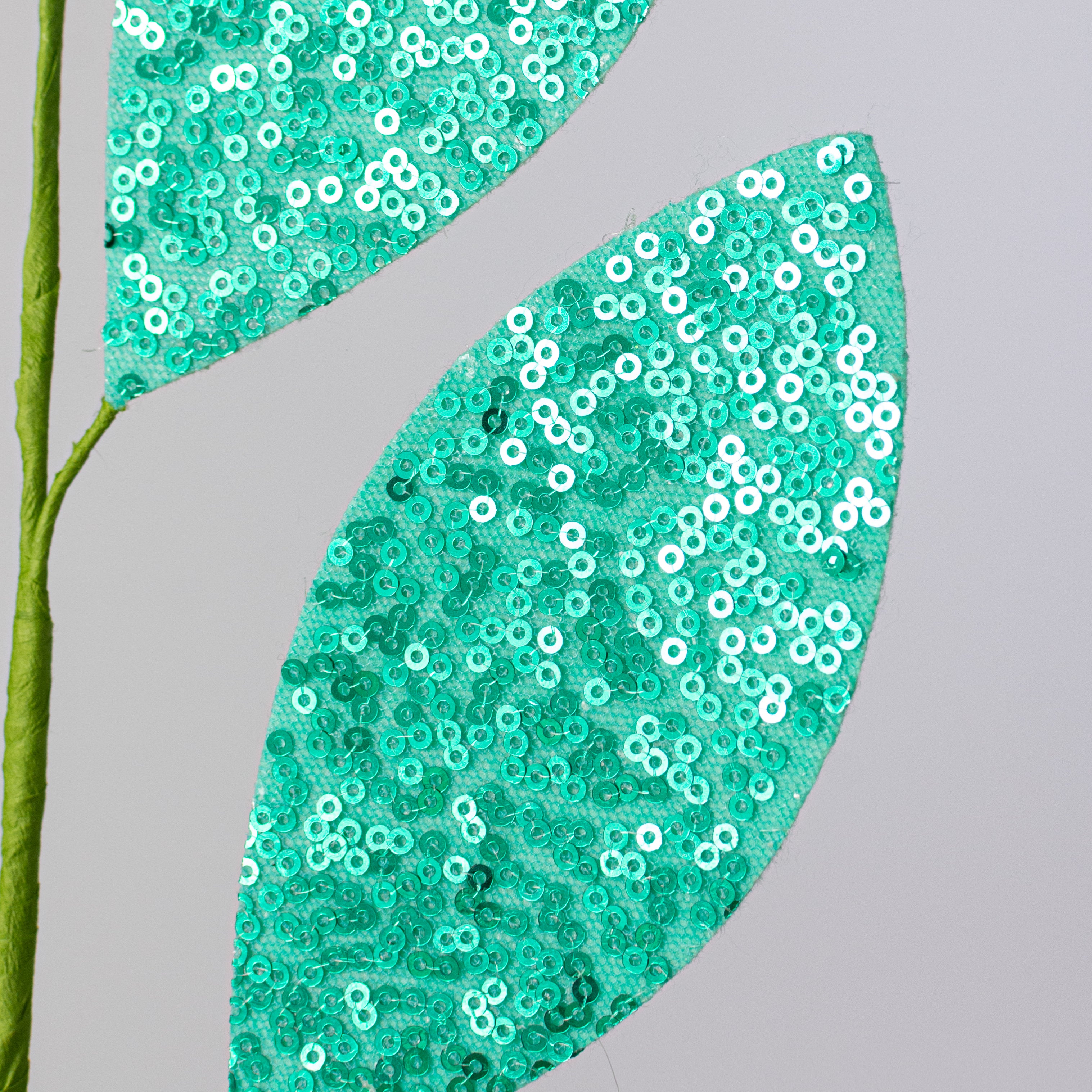 27" Sequin Leaf Spray: Turquoise Blue