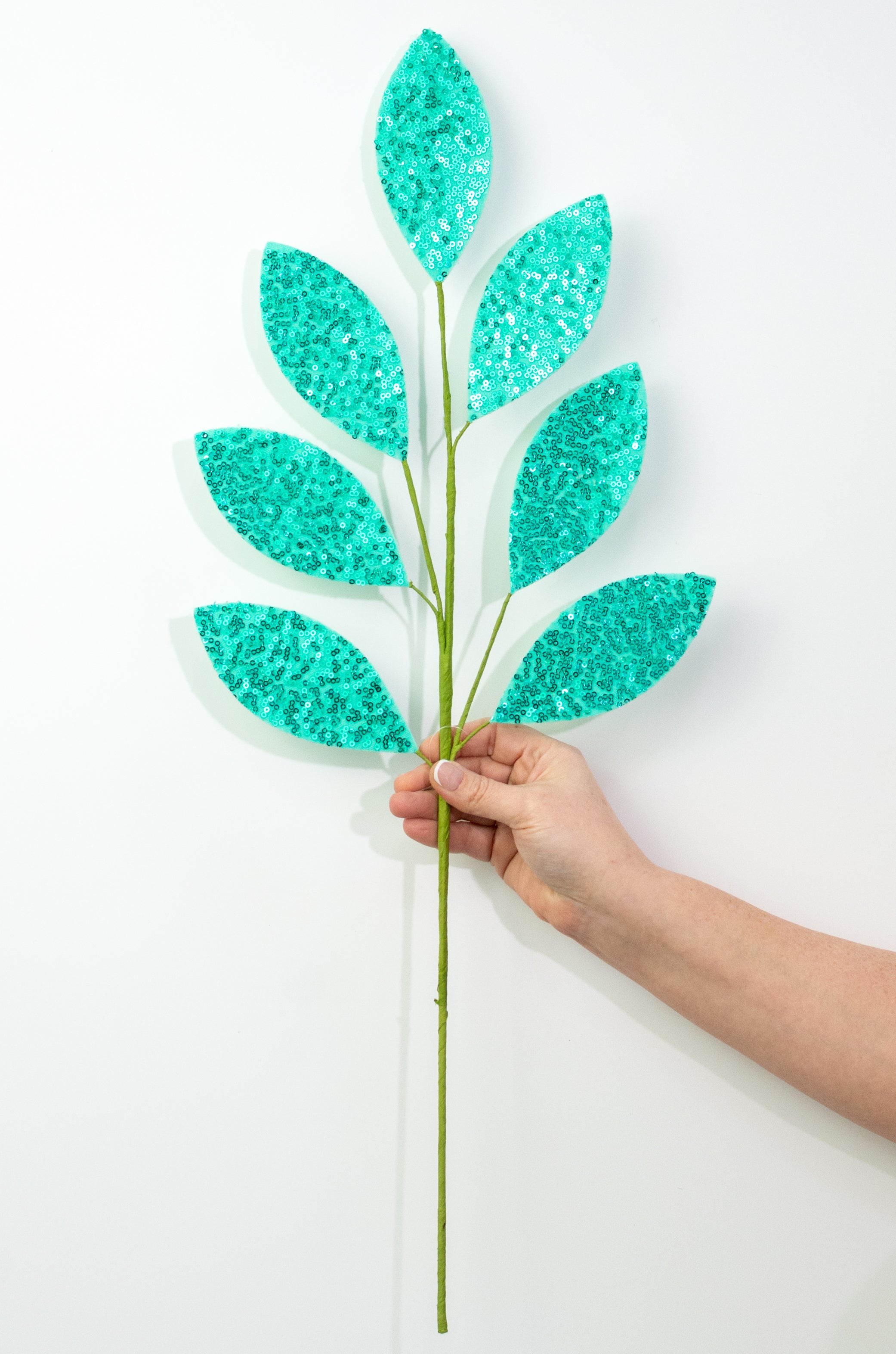 27" Sequin Leaf Spray: Turquoise Blue