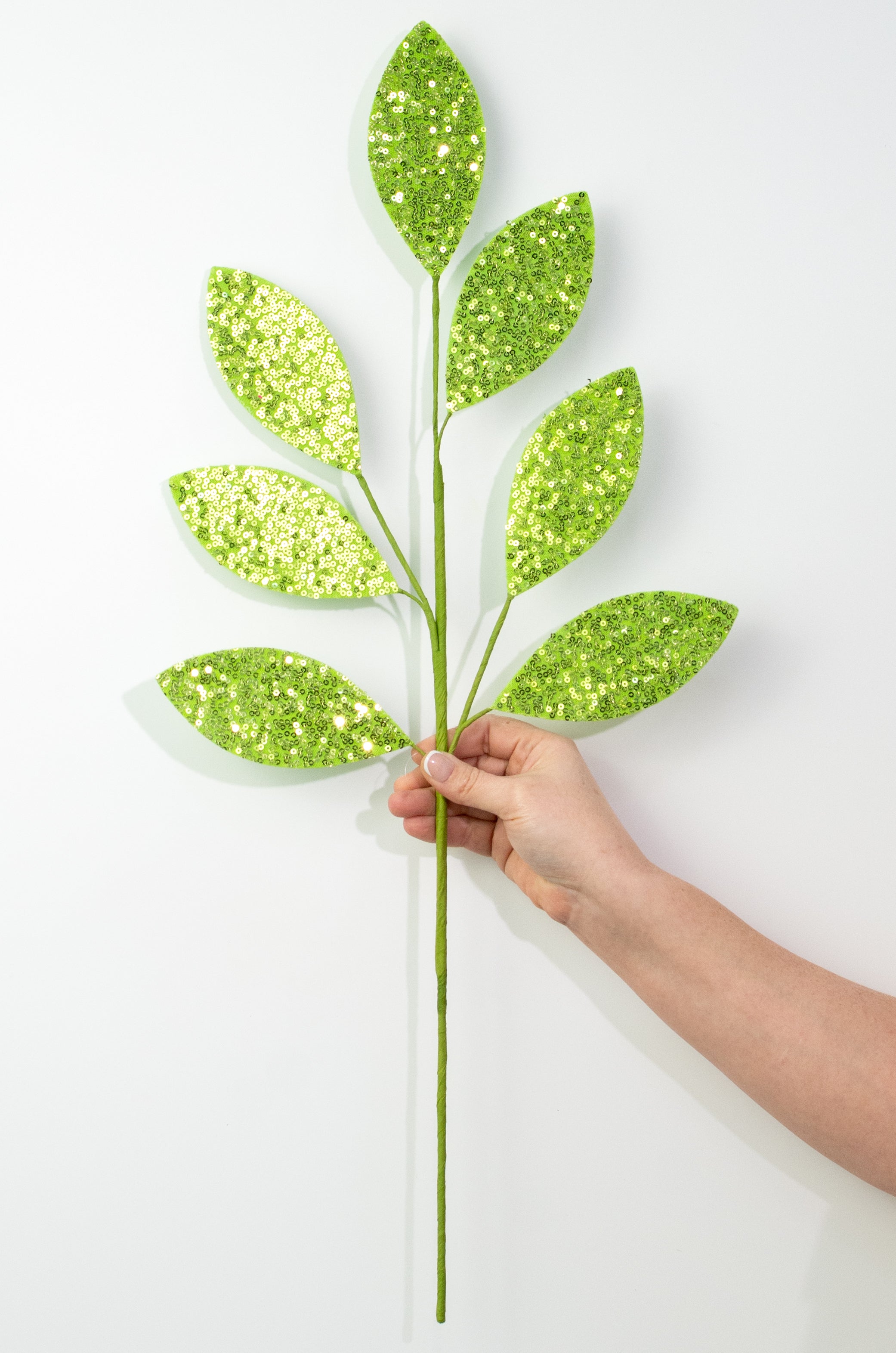 27" Sequin Leaf Spray: Green
