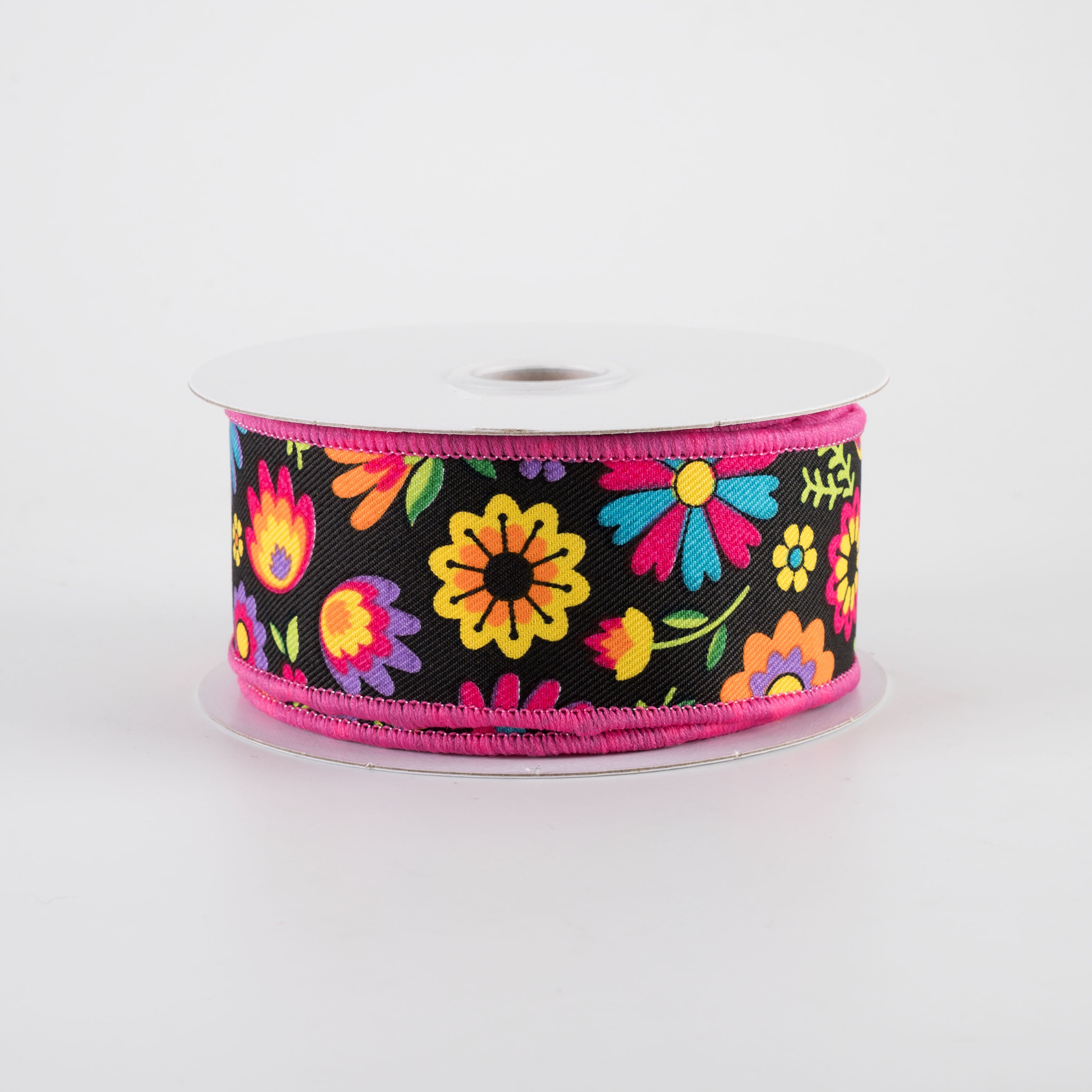 1.5" Bright Fiesta Florals Ribbon: Black (10 Yards)