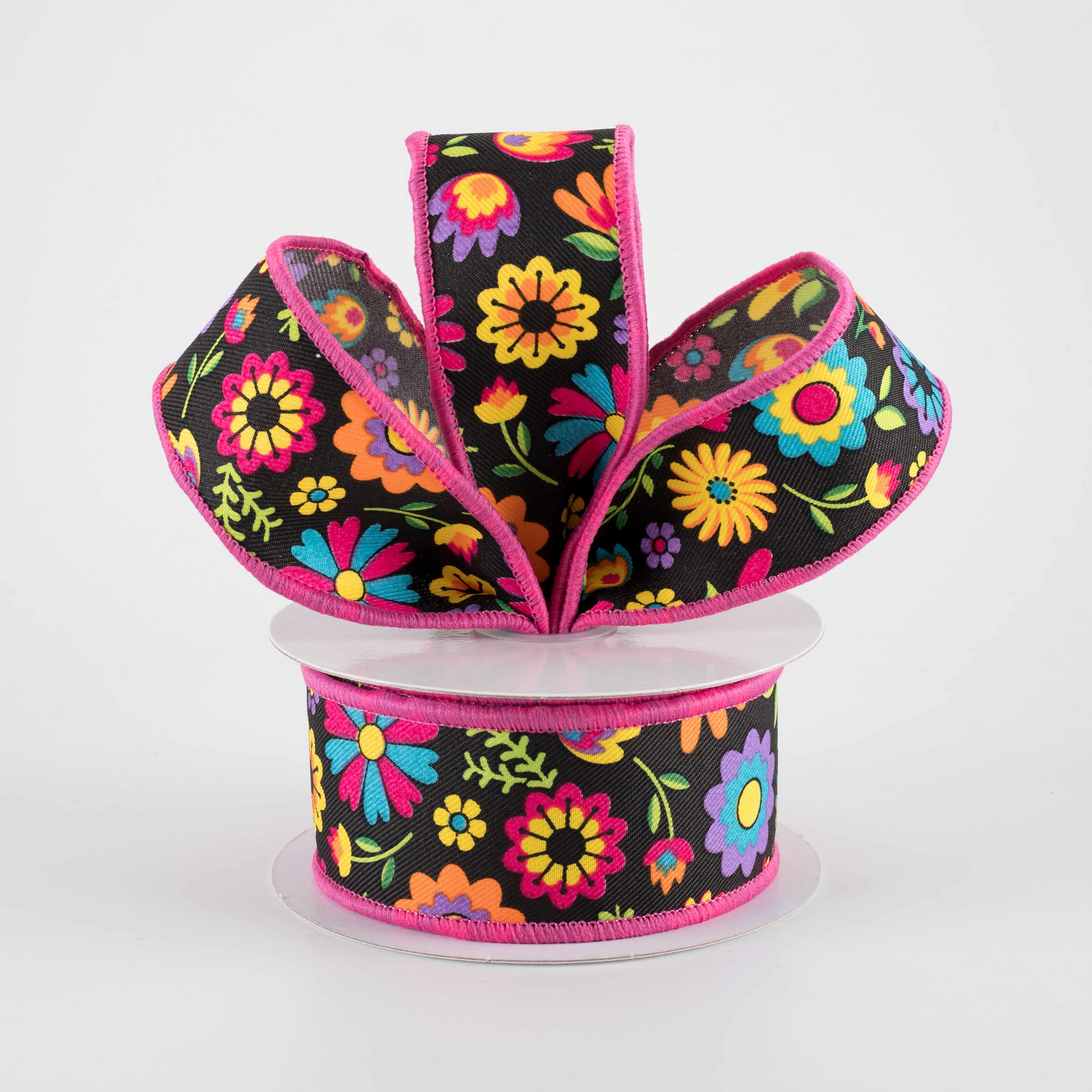 1.5" Bright Fiesta Florals Ribbon: Black (10 Yards)