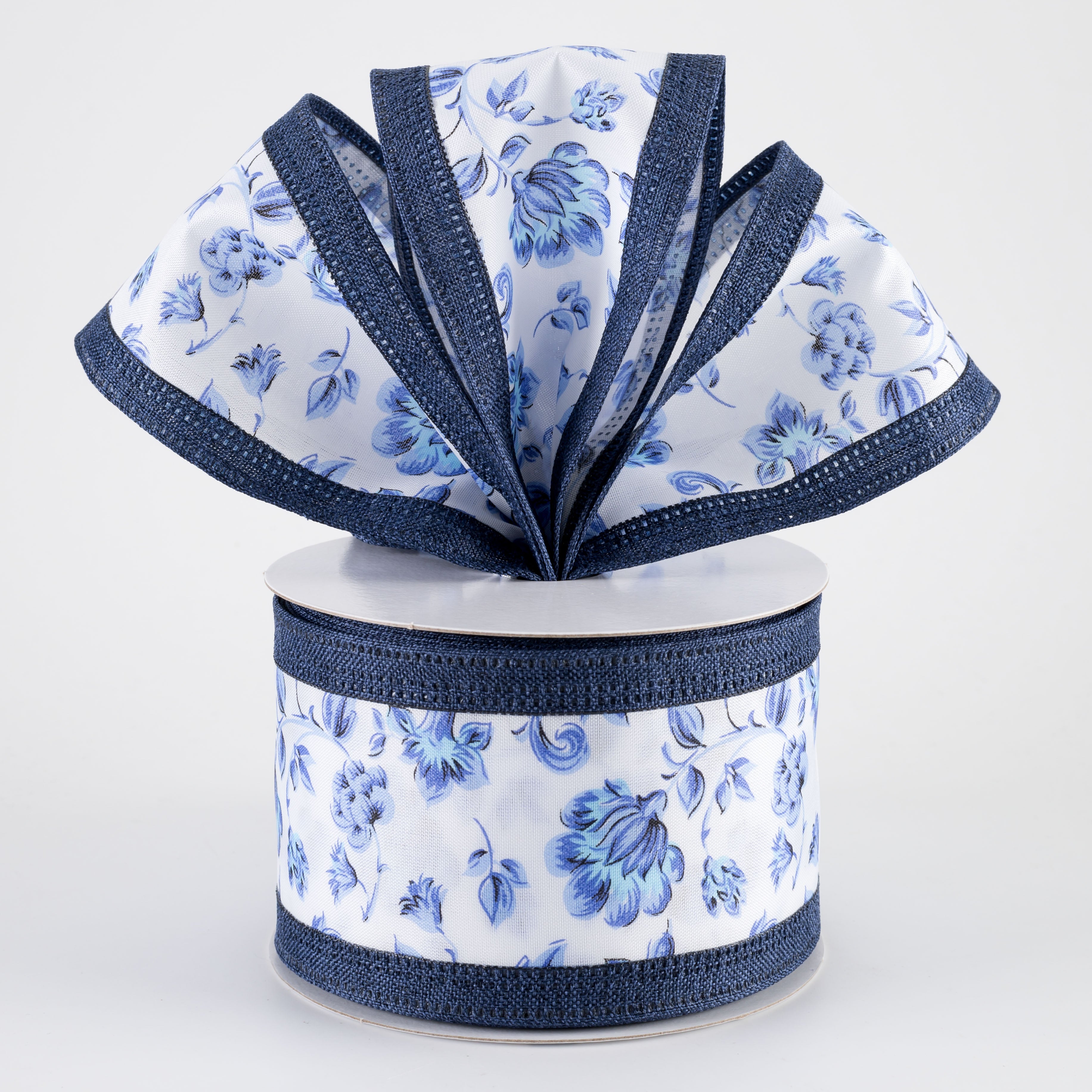2.5" Linen Edge Blue Toile Ribbon: Navy (10 Yards)