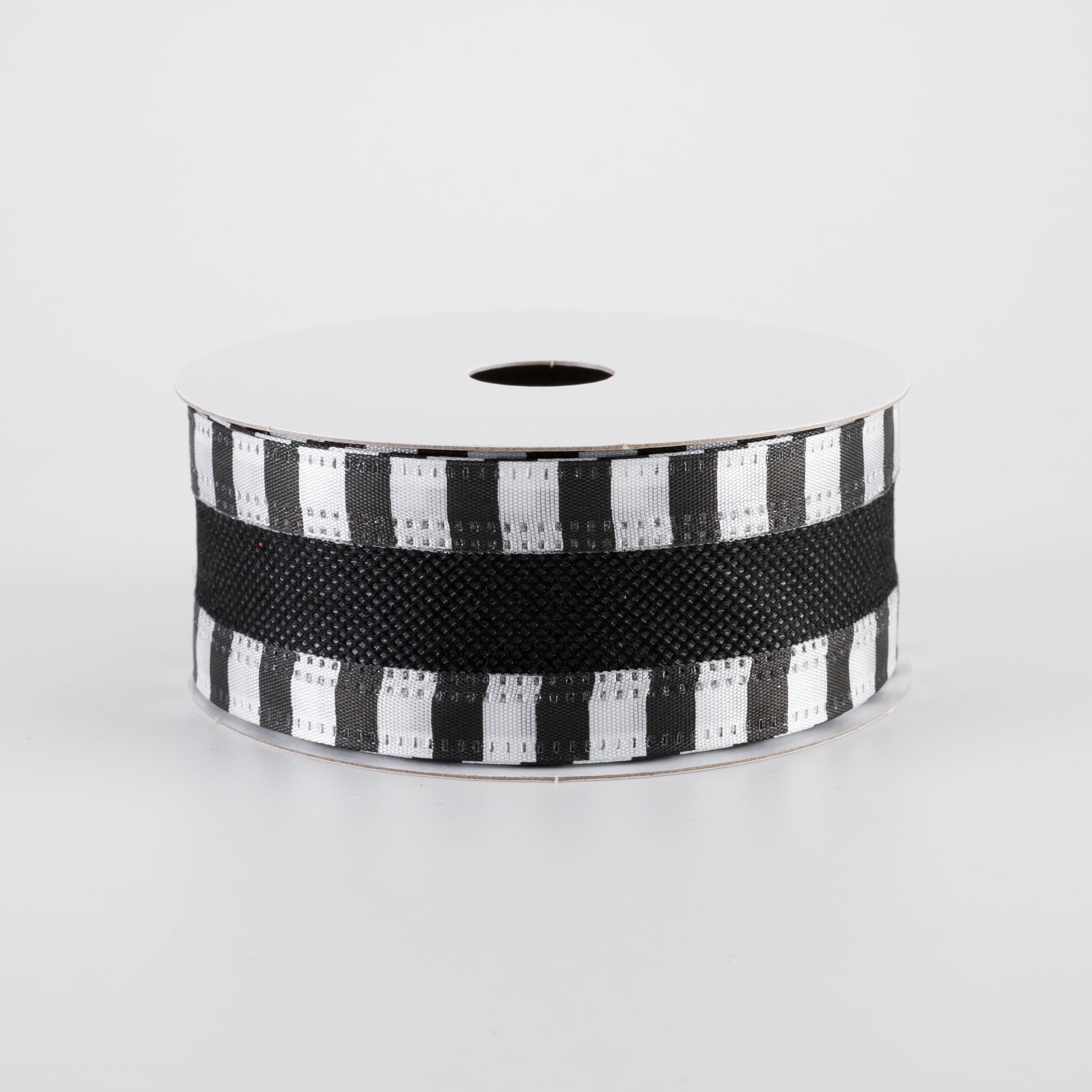 1.5" Striped Edge Breeze Ribbon: Black & White (10 Yards)