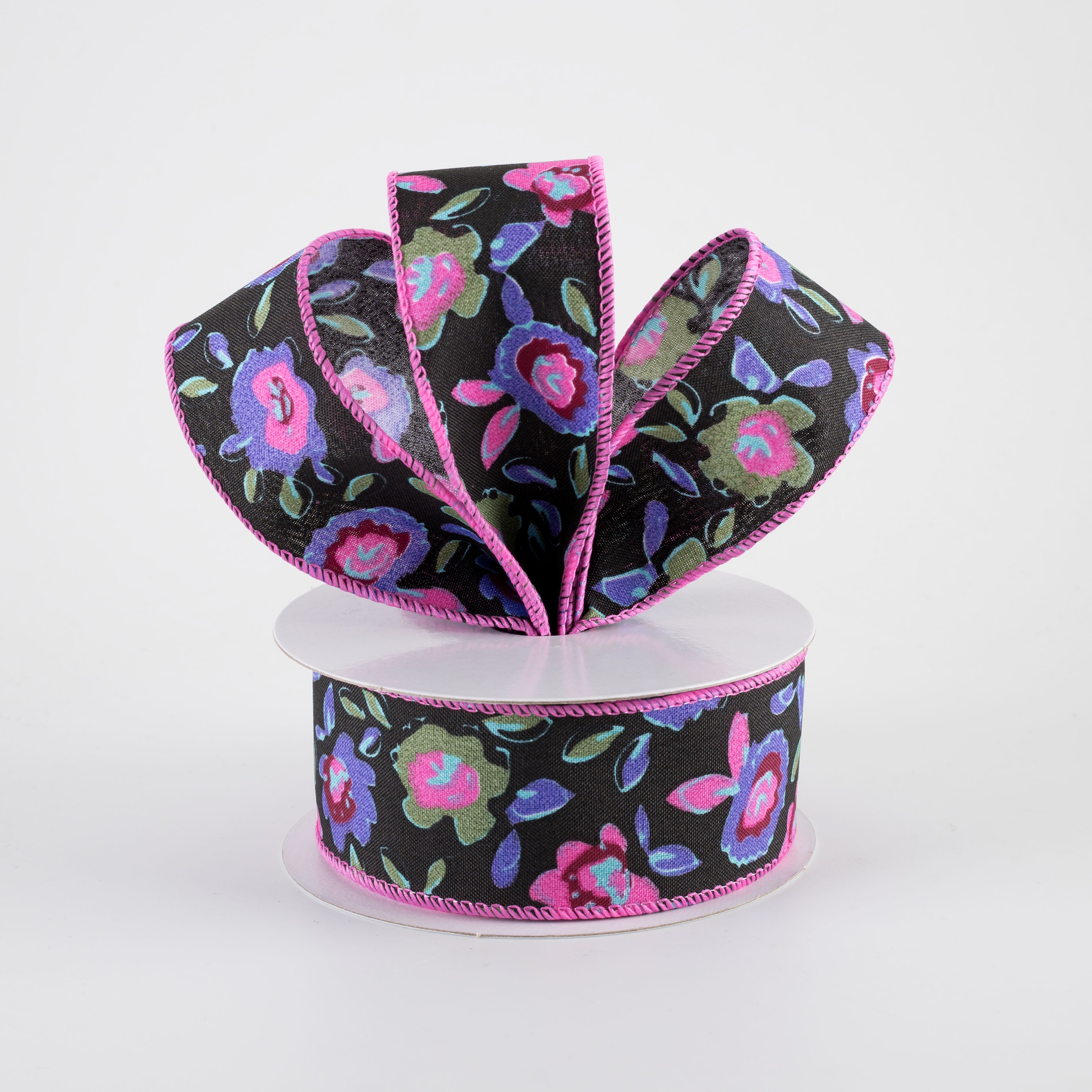 1.5" Funky Flowers Ribbon: Neon on Black (10 Yards)