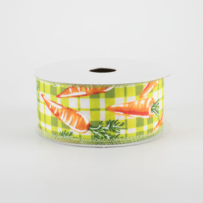 1.5" Watercolor Carrots on Plaid Ribbon: Green & Lime (10 Yards)