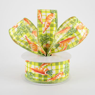1.5" Watercolor Carrots on Plaid Ribbon: Green & Lime (10 Yards)