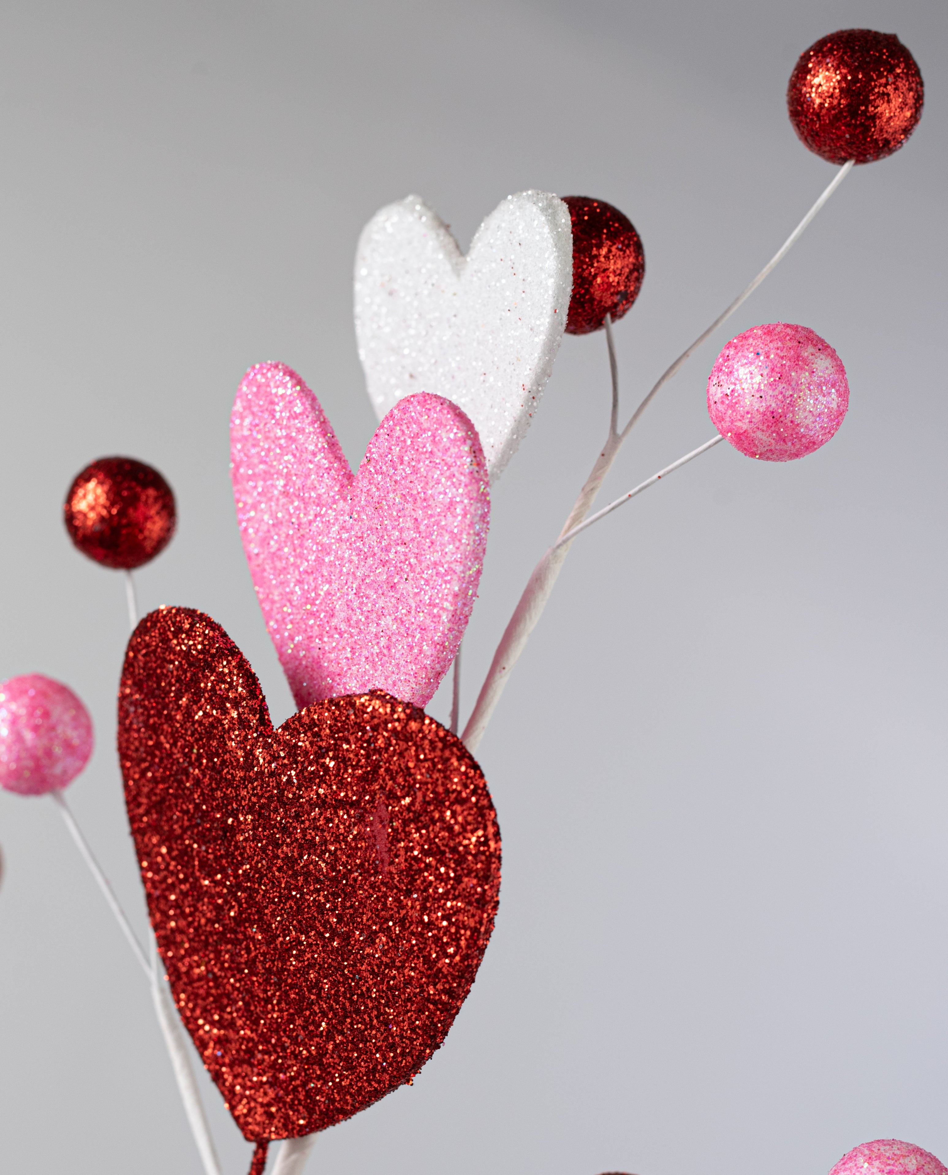 28" Glittered Hearts & Balls Spray: Red, Pink & White