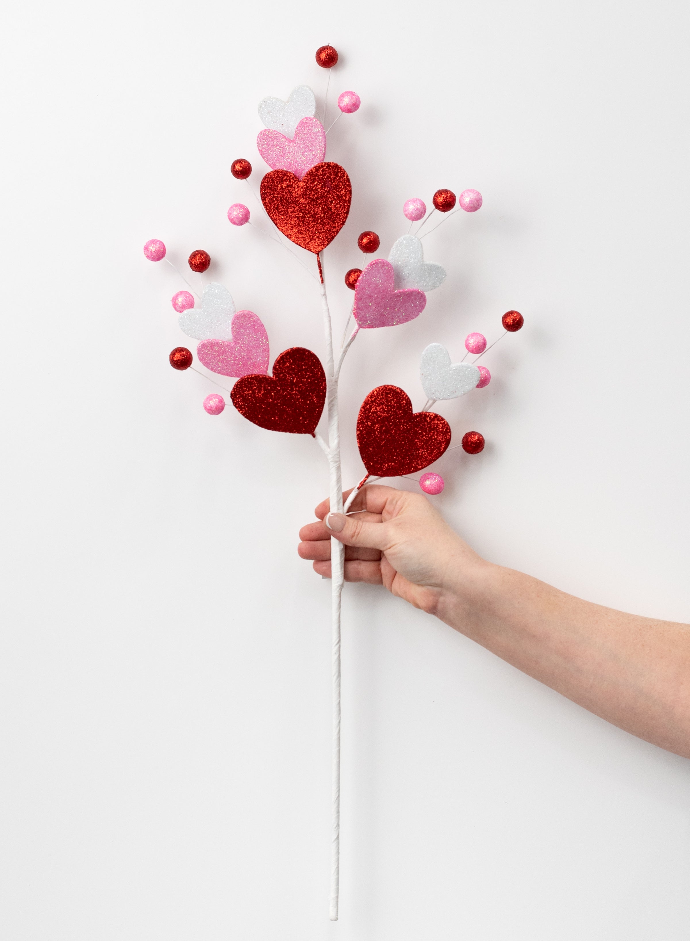 28" Glittered Hearts & Balls Spray: Red, Pink & White