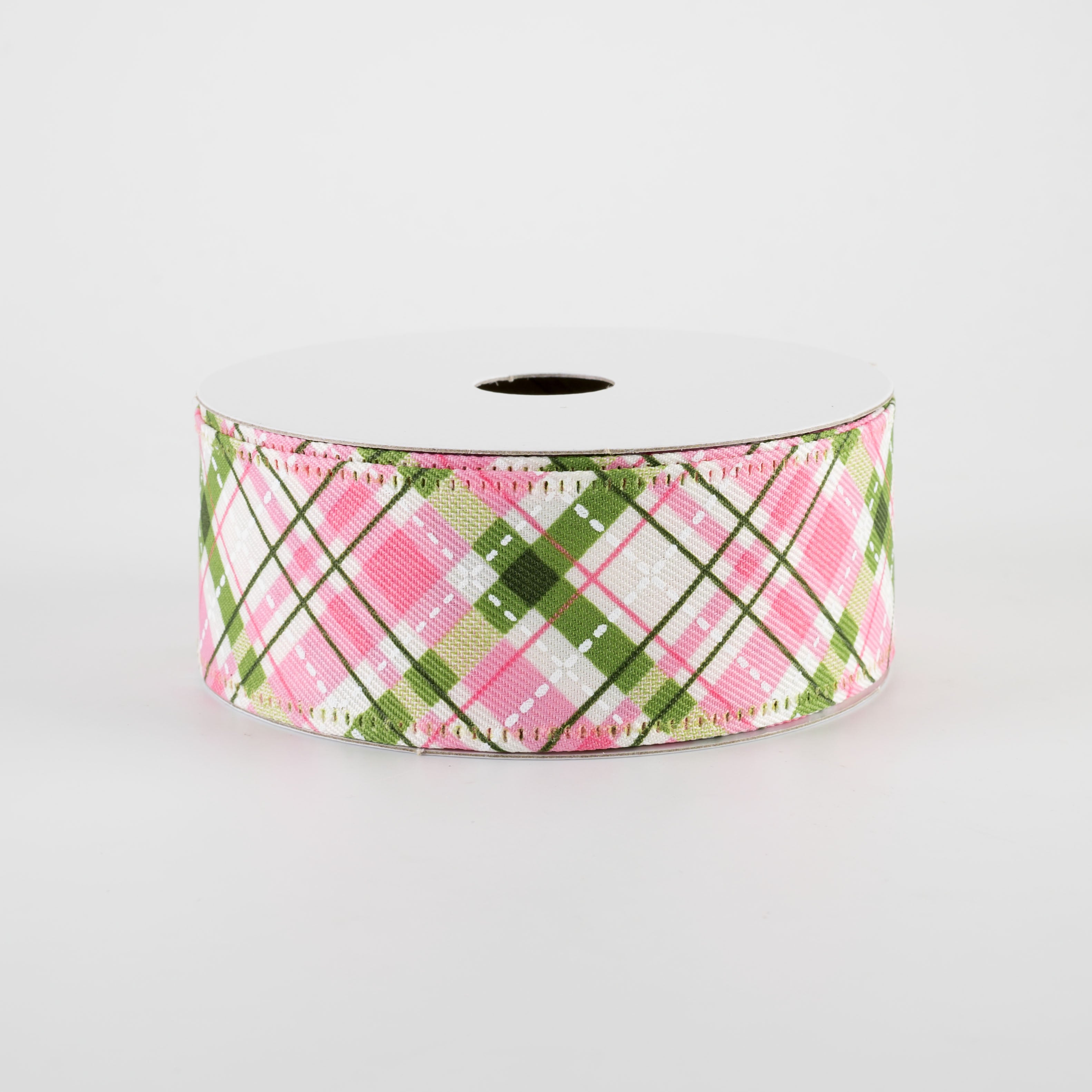 1.5" Cream Linen Argyle Plaid Ribbon: Pink, Moss Green & White (10 Yards)