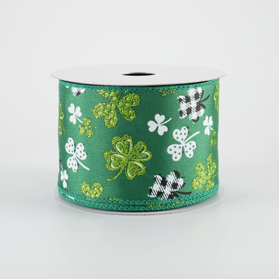 2.5" Patterned Glitter Shamrocks Ribbon: Emerald Green (10 Yards)