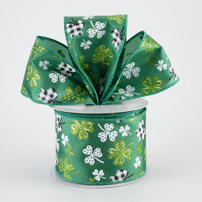 2.5" Patterned Glitter Shamrocks Ribbon: Emerald Green (10 Yards)
