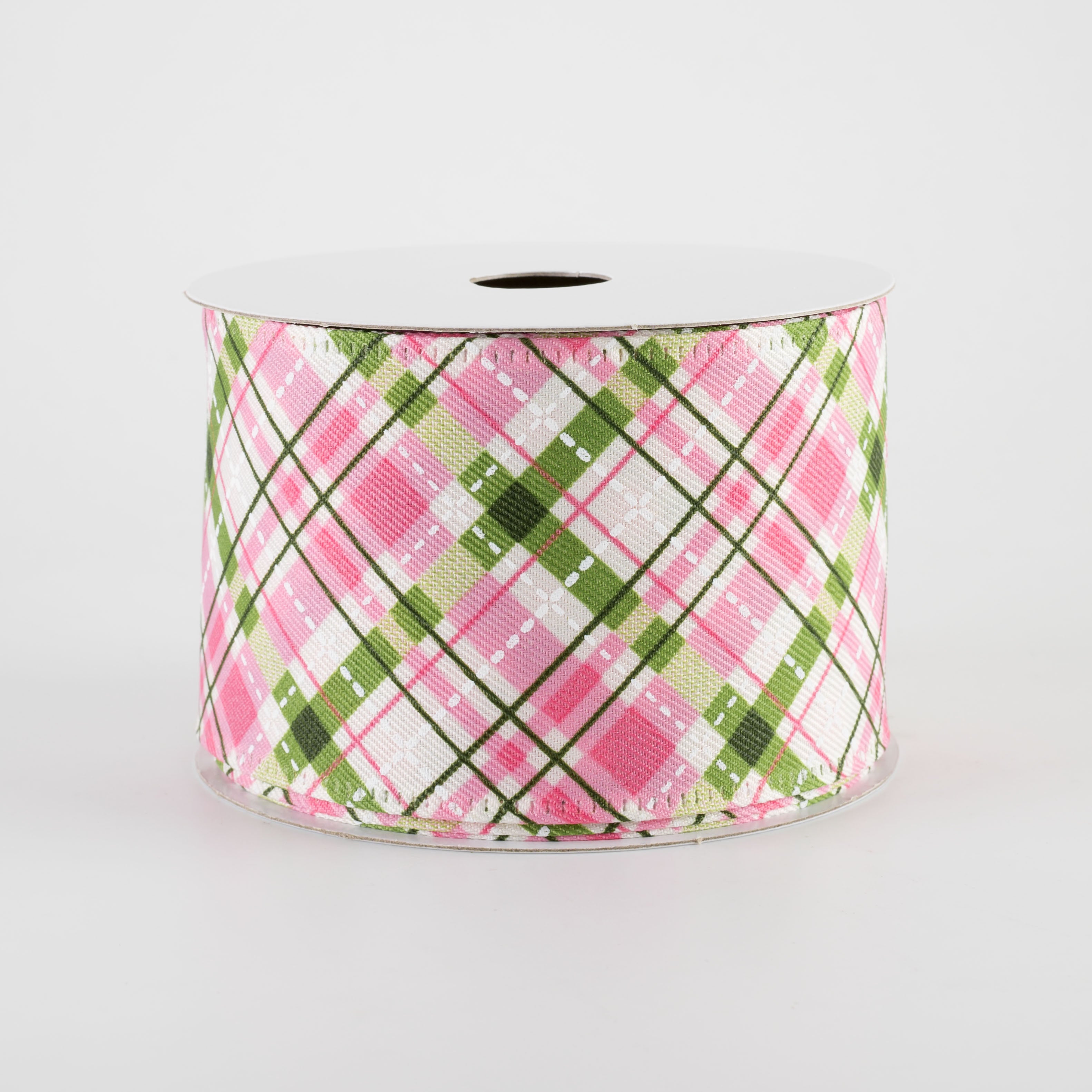 2.5" Cream Linen Argyle Plaid Ribbon: Pink, Moss Green & White (10 Yards)