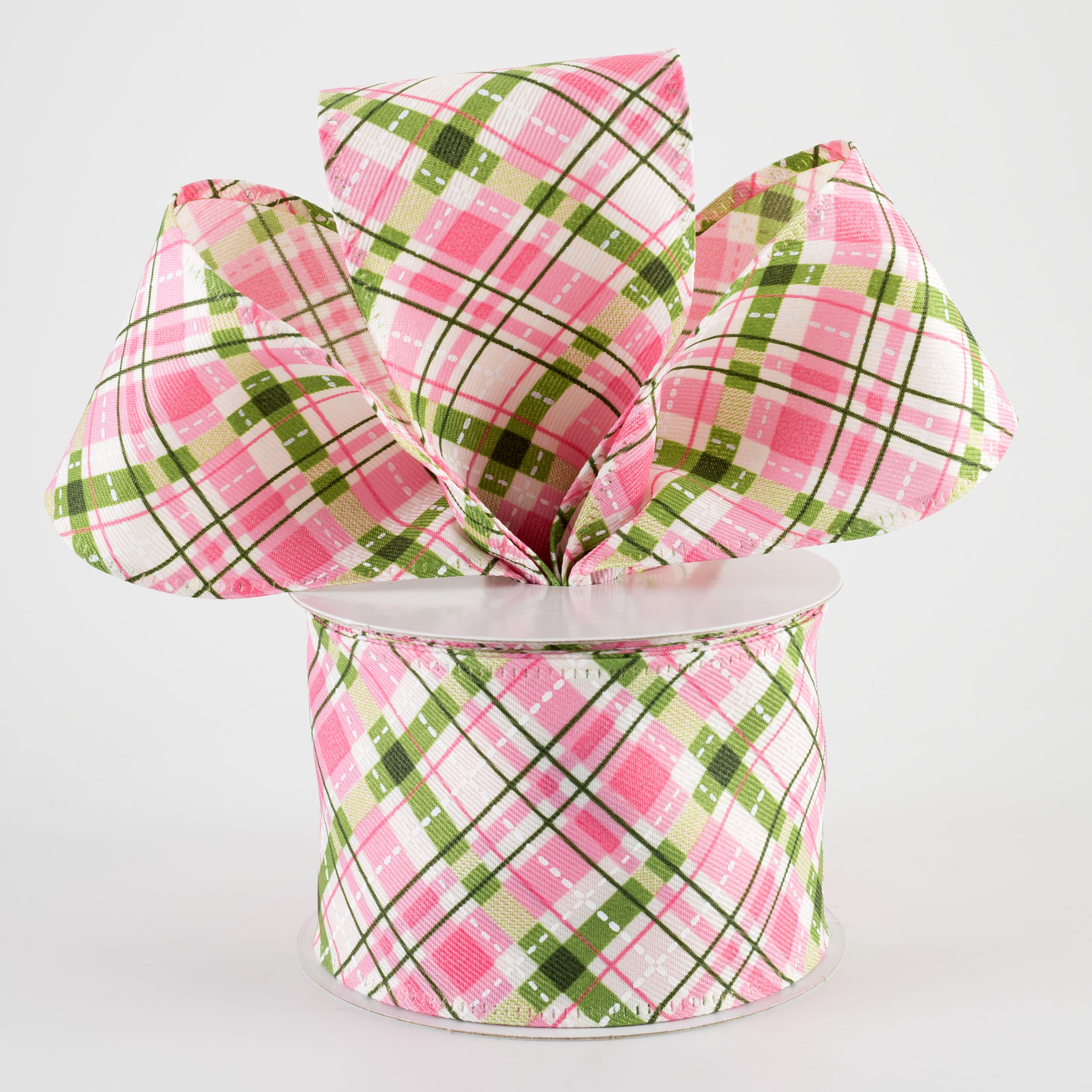 2.5" Cream Linen Argyle Plaid Ribbon: Pink, Moss Green & White (10 Yards)