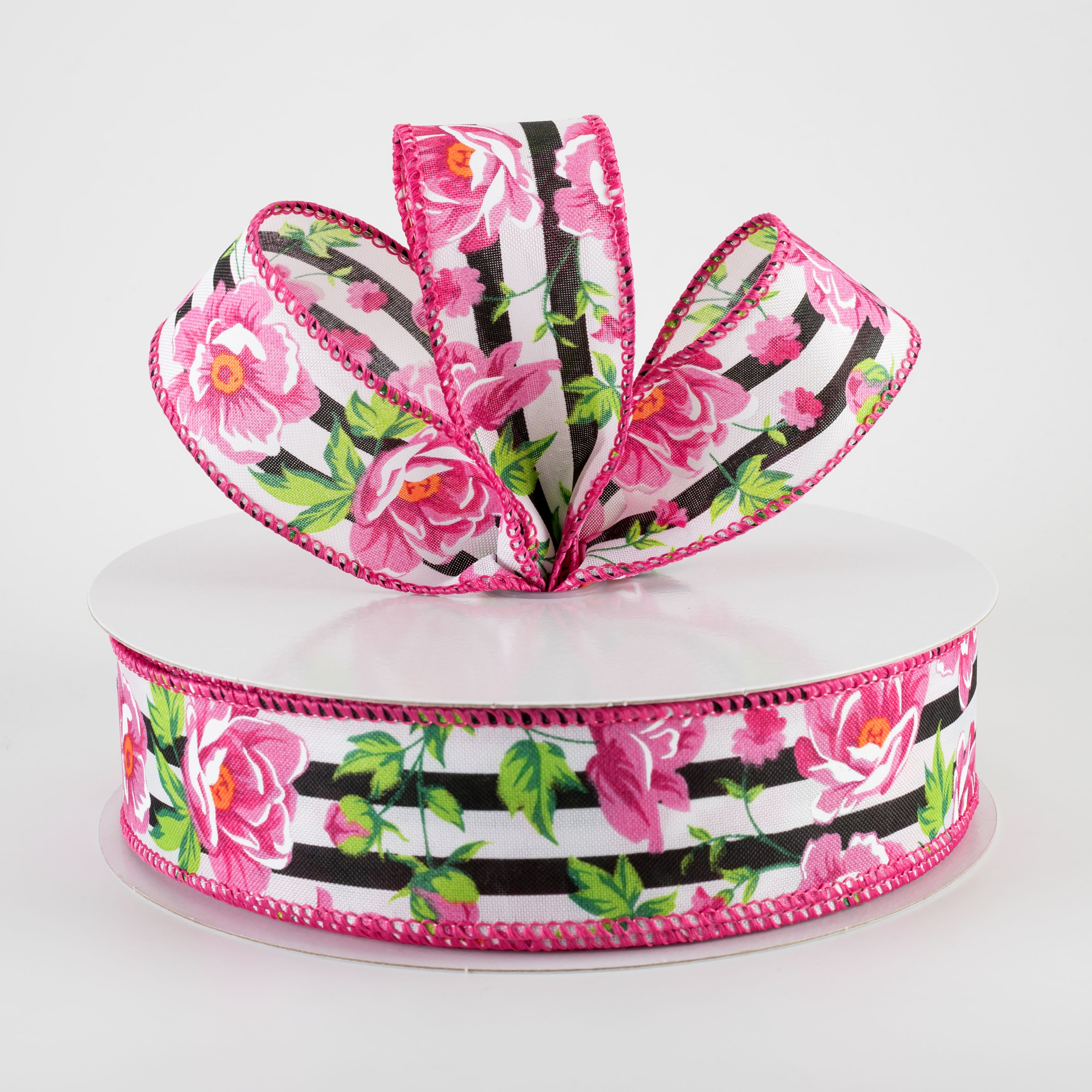 1.5" Fuchsia Pink Peonies on Cabana Stripe Ribbon: Black & White (50 Yards)