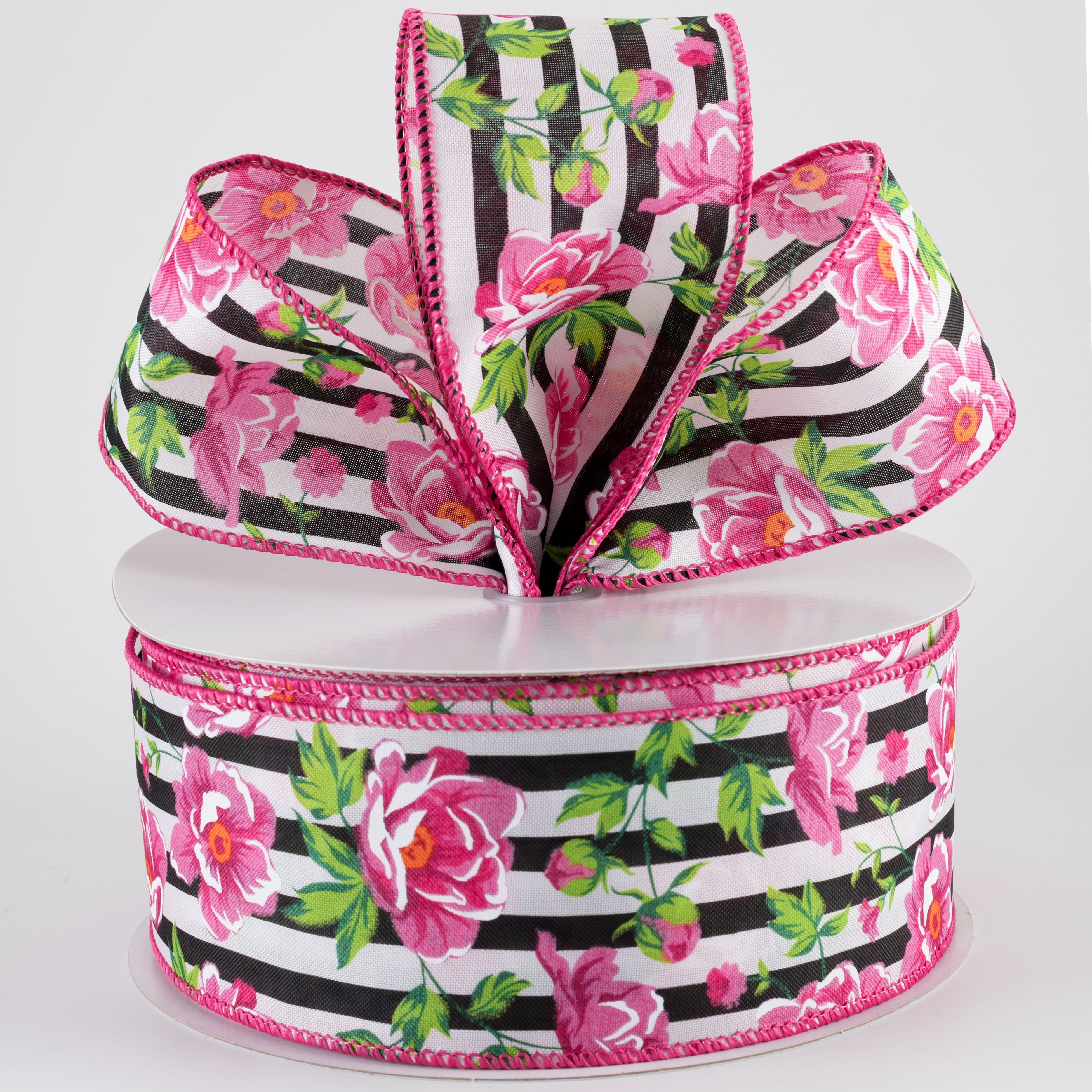 2.5" Fuchsia Pink Peonies on Cabana Stripe Ribbon: Black & White (50 Yards)