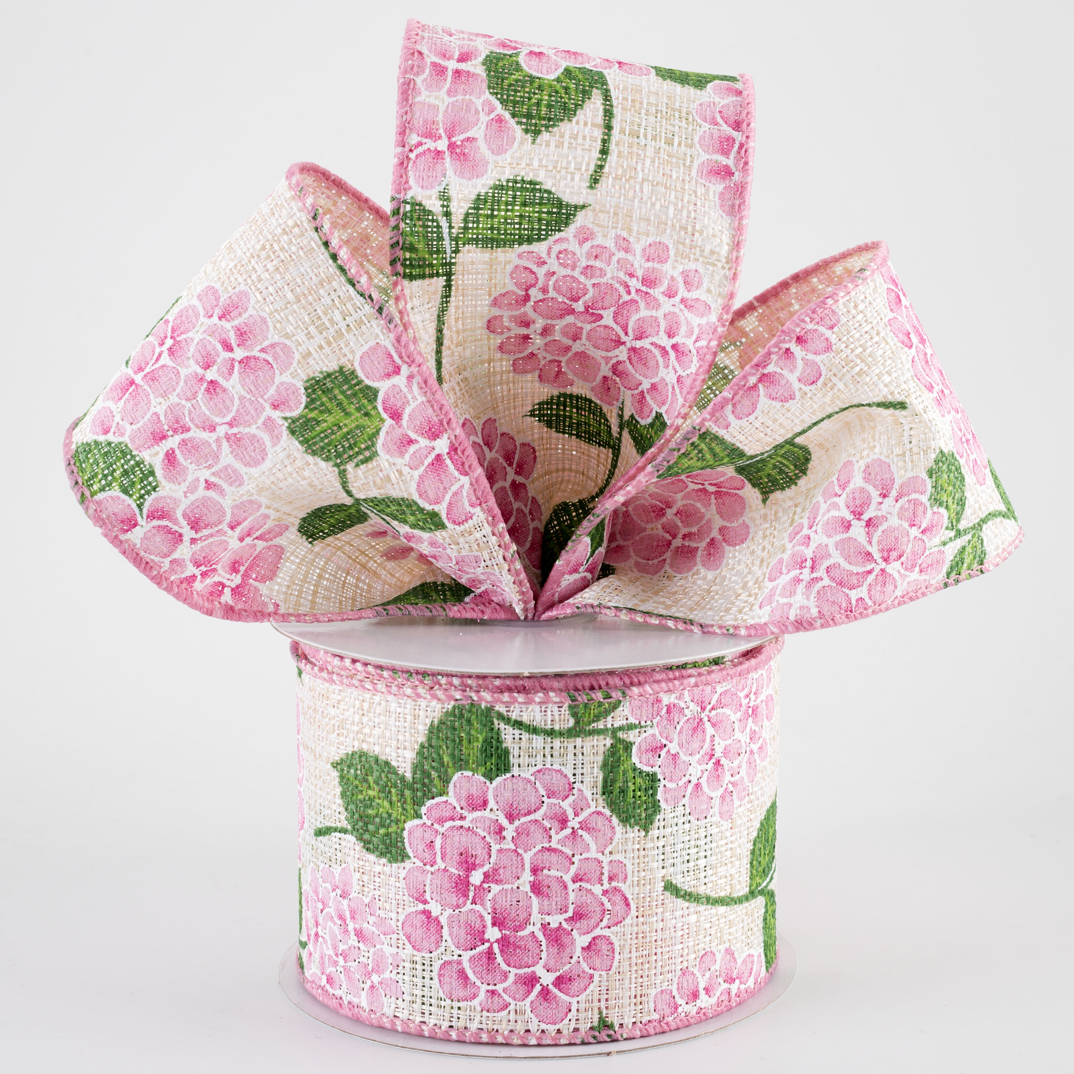 2.5" Tweed Hydrangeas Ribbon: Mauve Pink on Natural (10 Yards)