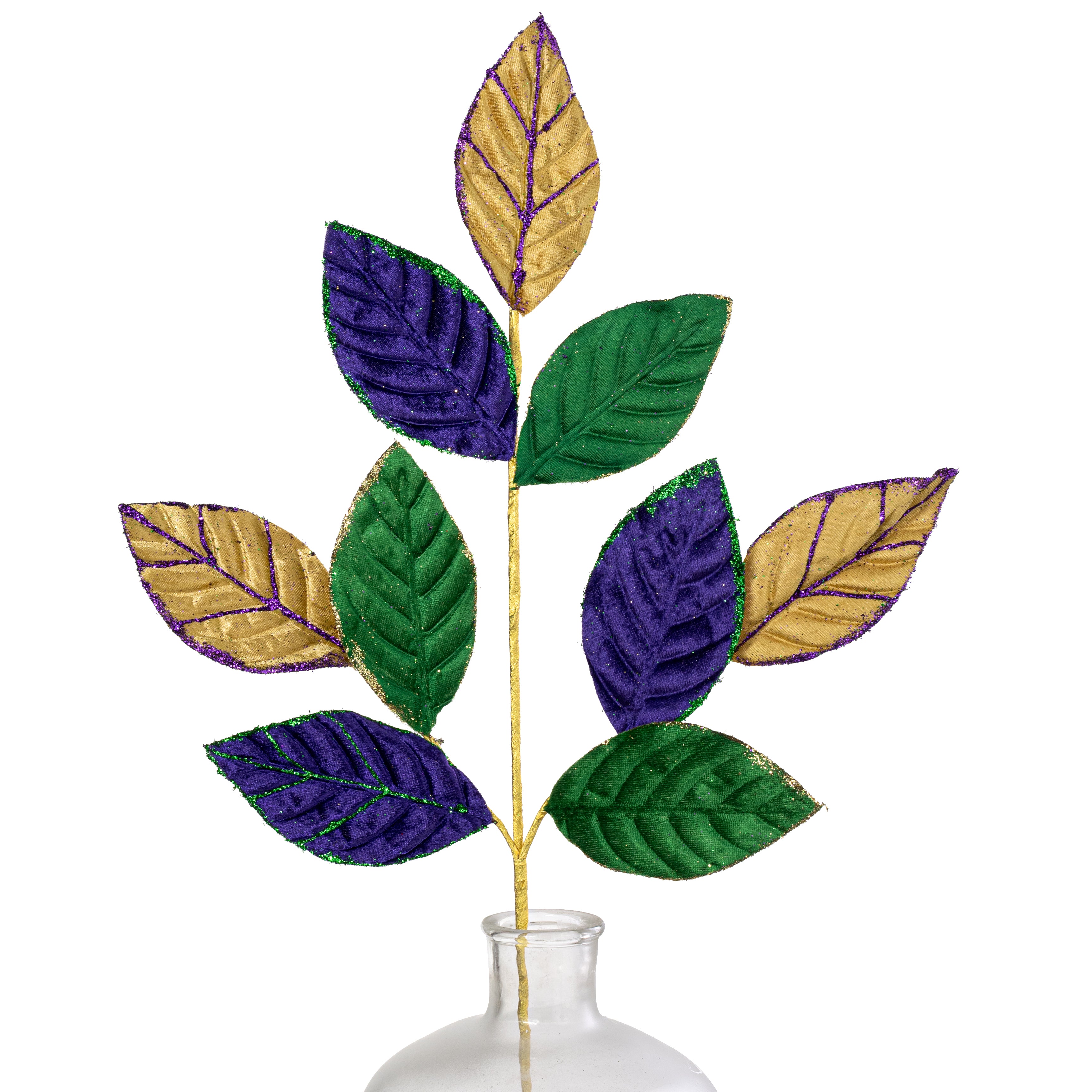 27" Glittered Velvet Leaf Spray: Mardi Gras