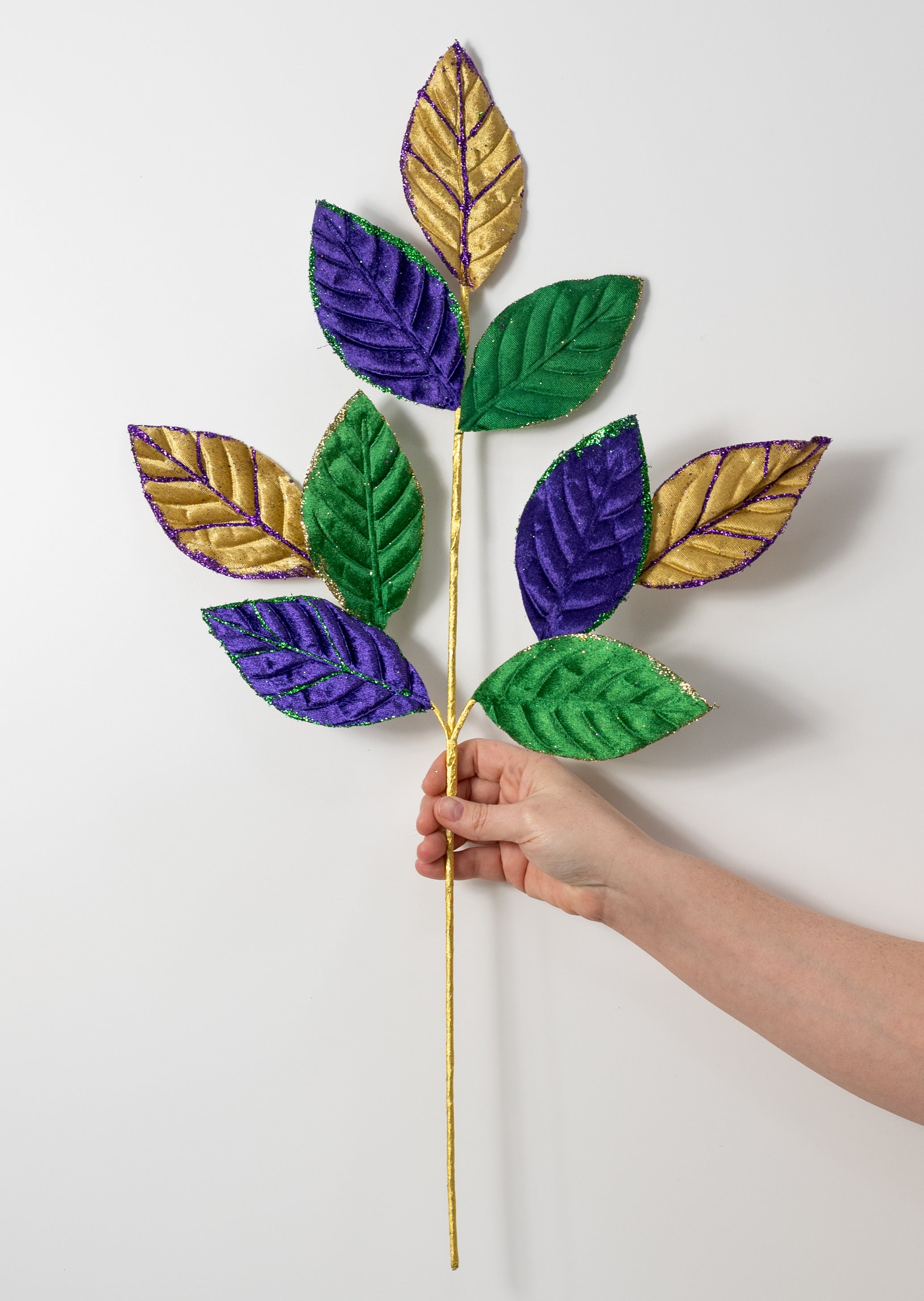 27" Glittered Velvet Leaf Spray: Mardi Gras
