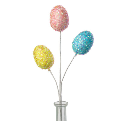 15" Beaded Easter Egg Pick: Iridescent Pink, Blue & Yellow