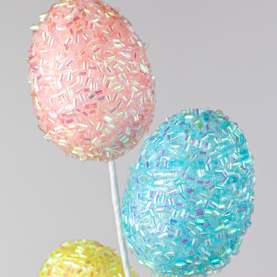 15" Beaded Easter Egg Pick: Iridescent Pink, Blue & Yellow