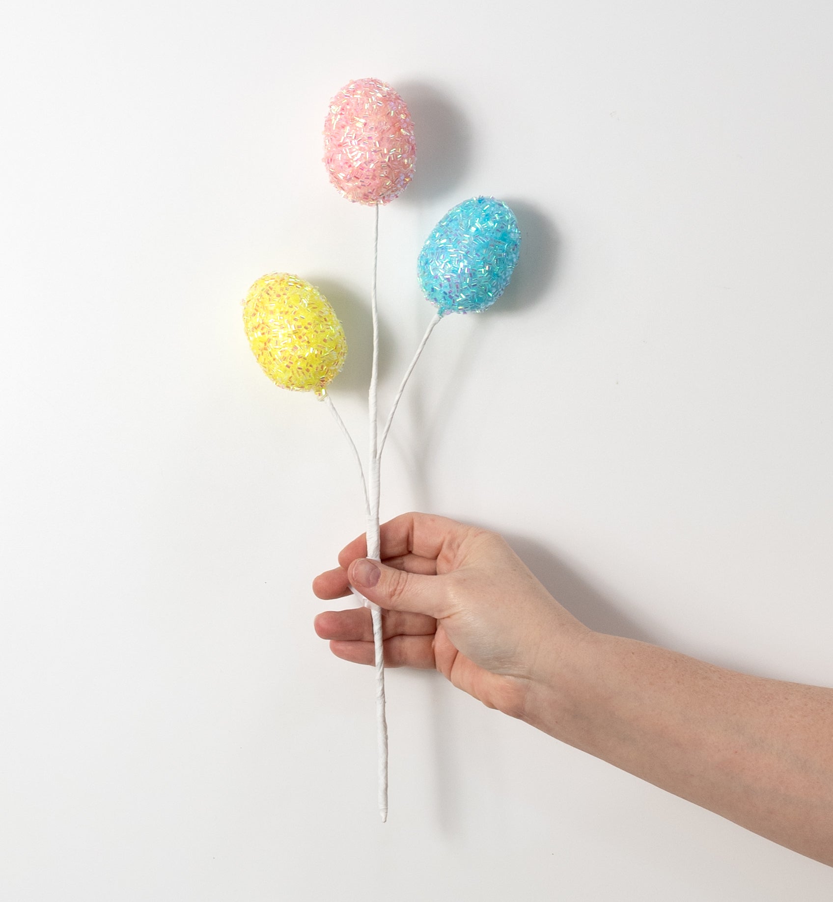 15" Beaded Easter Egg Pick: Iridescent Pink, Blue & Yellow