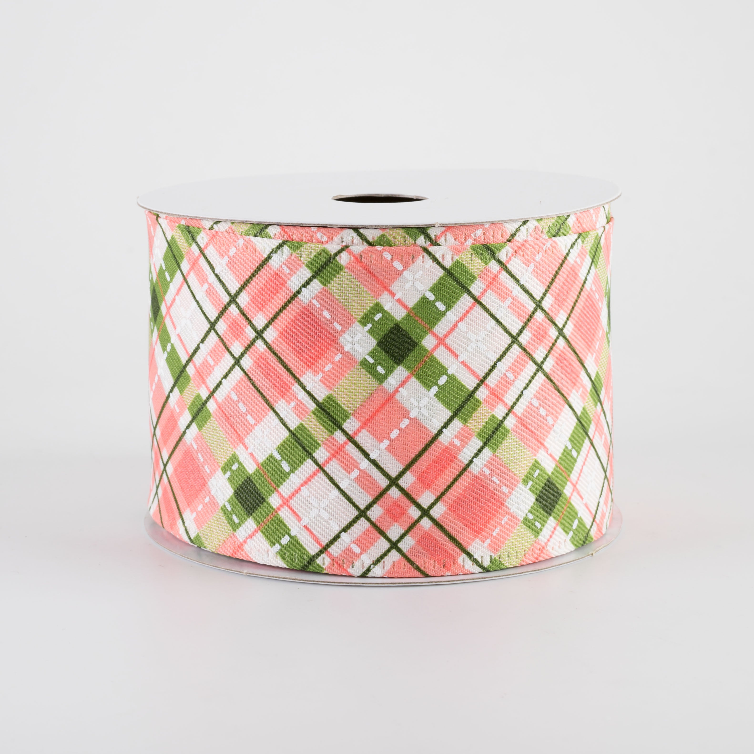 2.5" Cream Linen Argyle Plaid Ribbon: Coral, Moss Green & White (10 Yards)