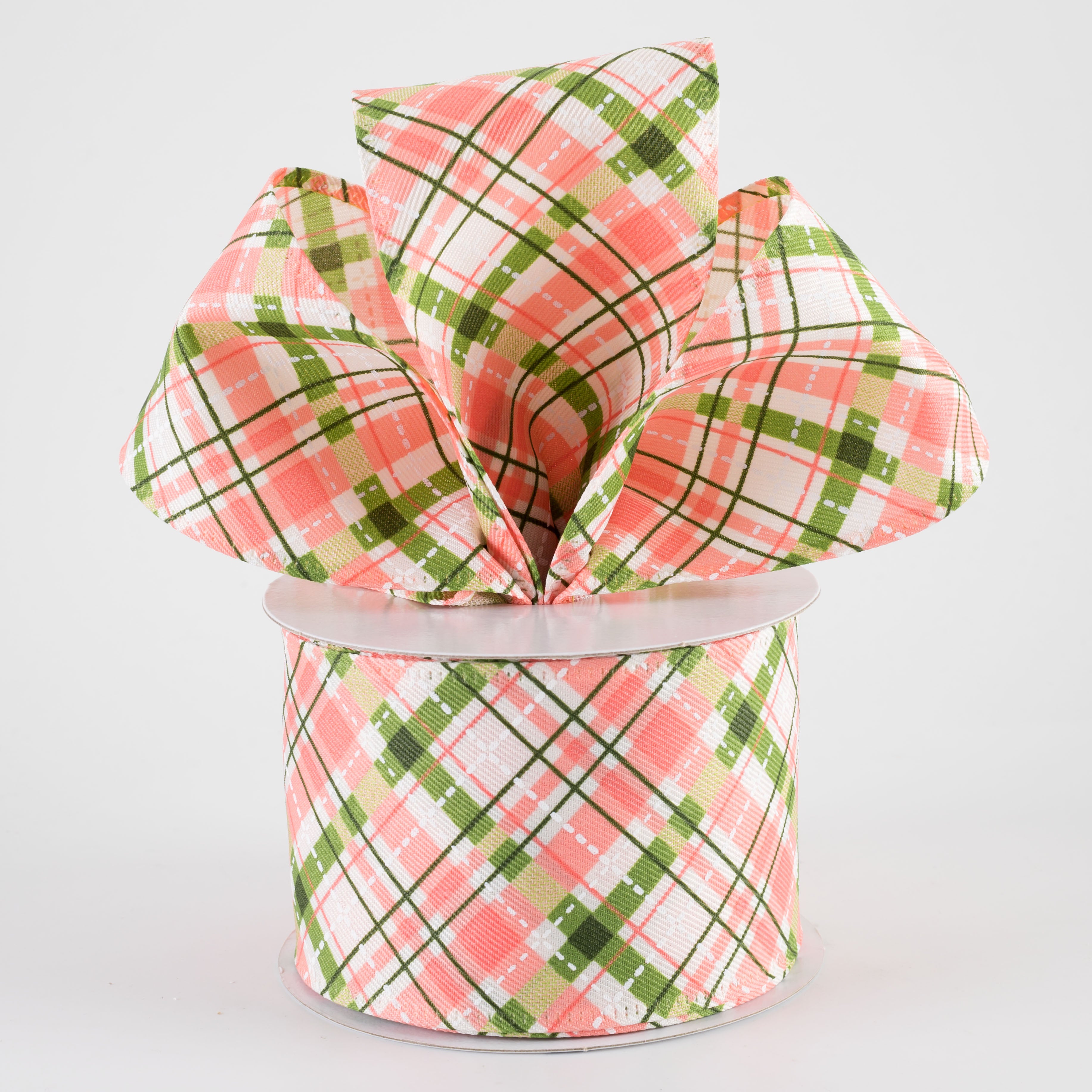 2.5" Cream Linen Argyle Plaid Ribbon: Coral, Moss Green & White (10 Yards)