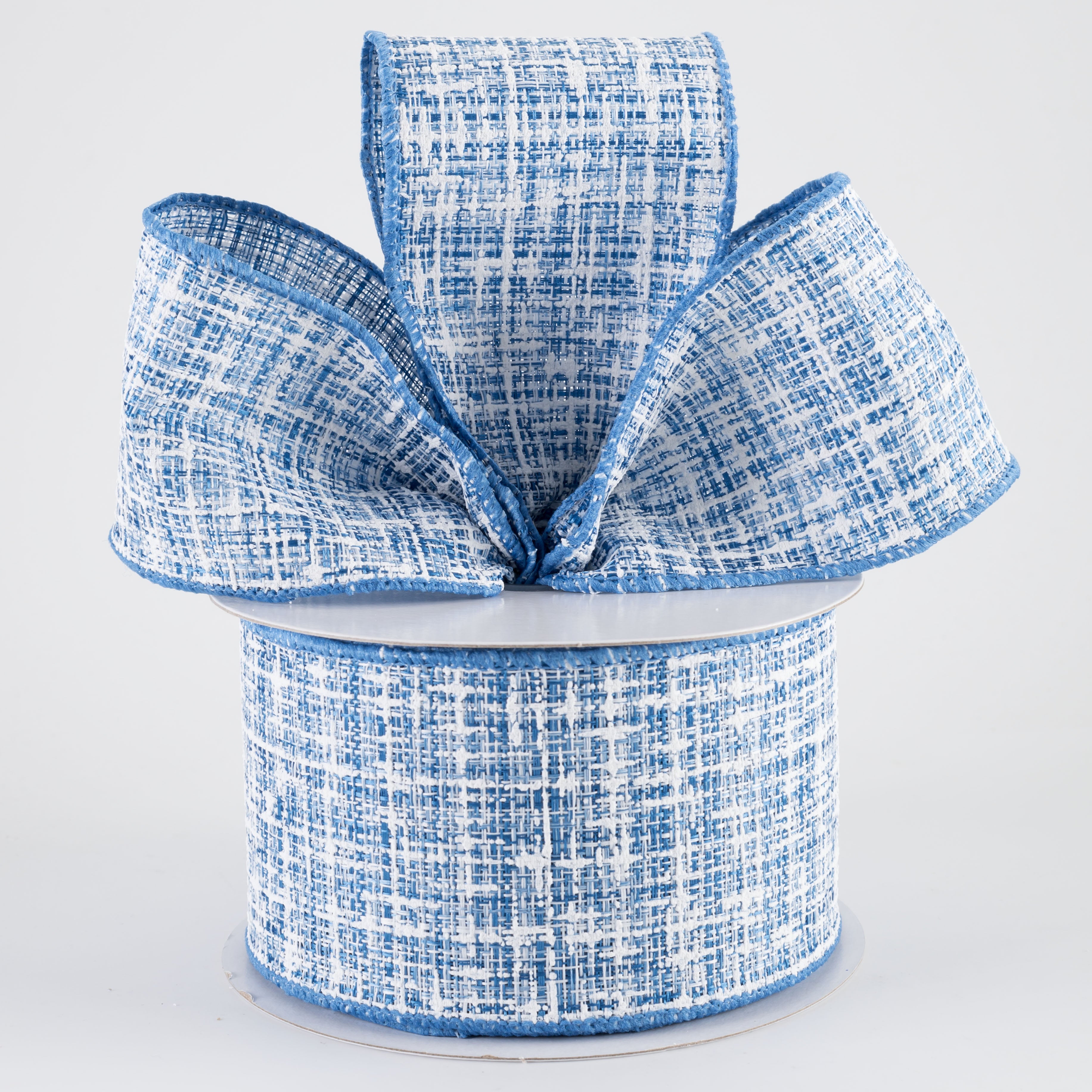 2.5" Embellished Tweed Ribbon: Blue & White (10 Yards)