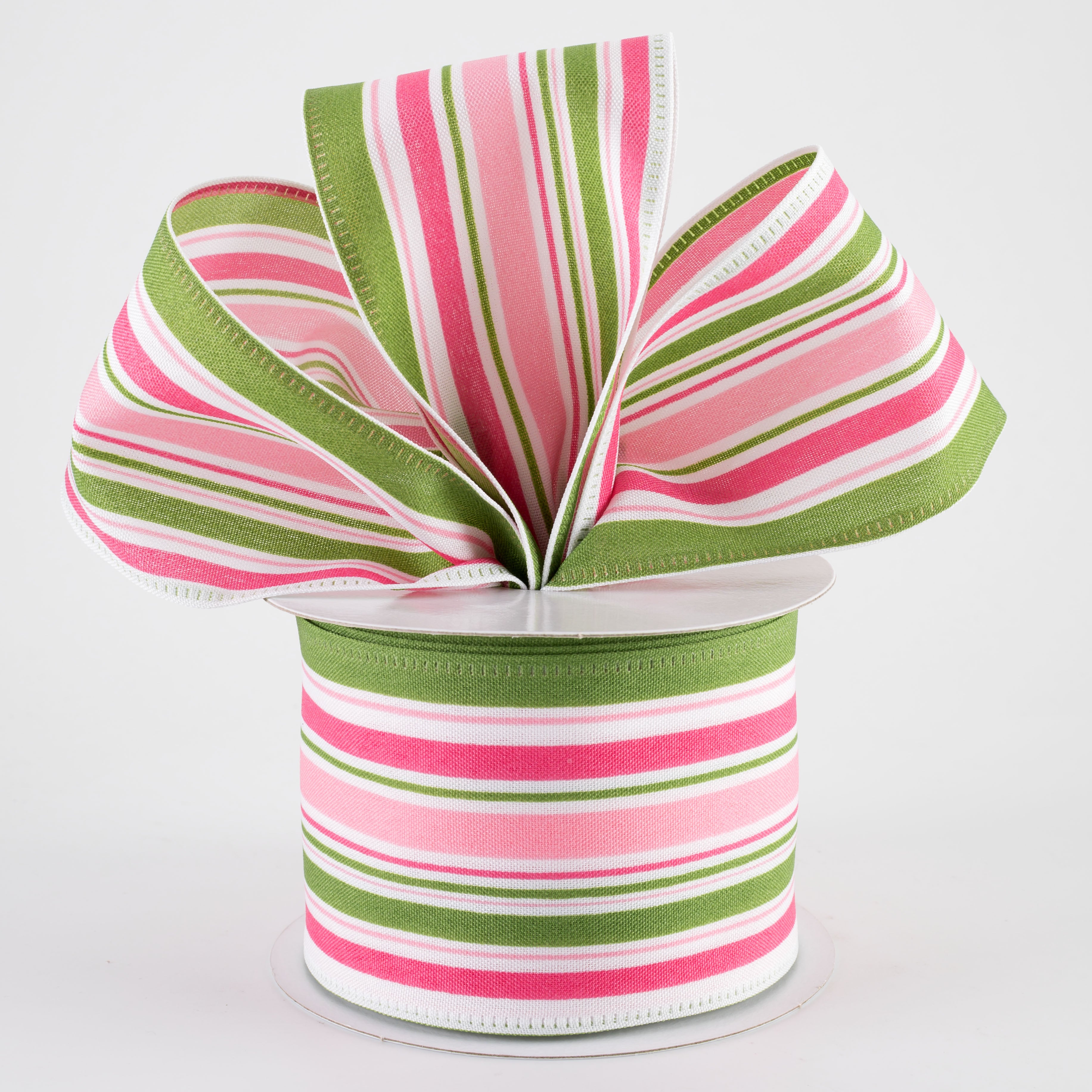 2.5" Varied Striation Stripes Ribbon: Moss & Pink (10 Yards)