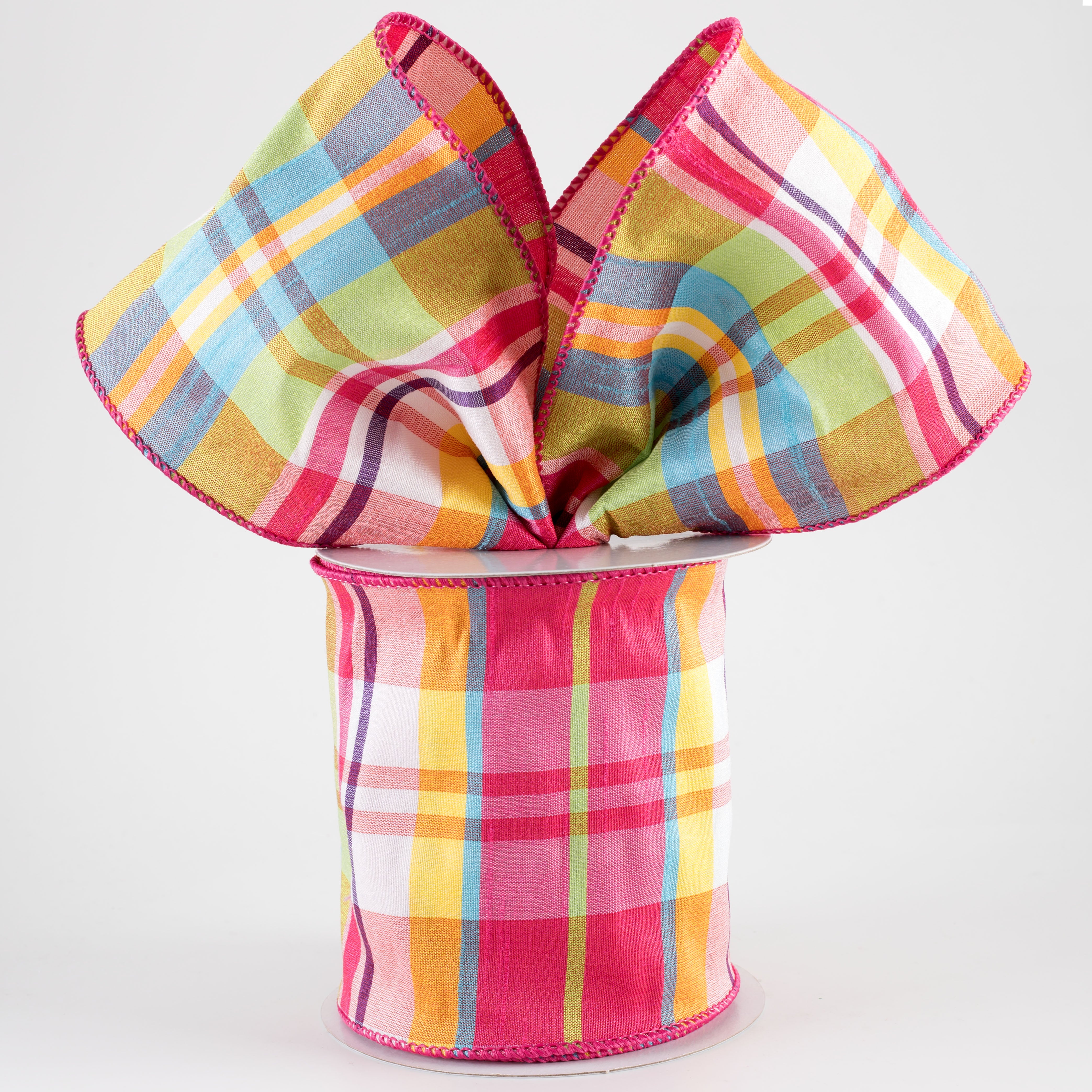 4" Faux Dupioni Plaid Ribbon: Fuchsia, Lime, Blue & Yellow (10 Yards)